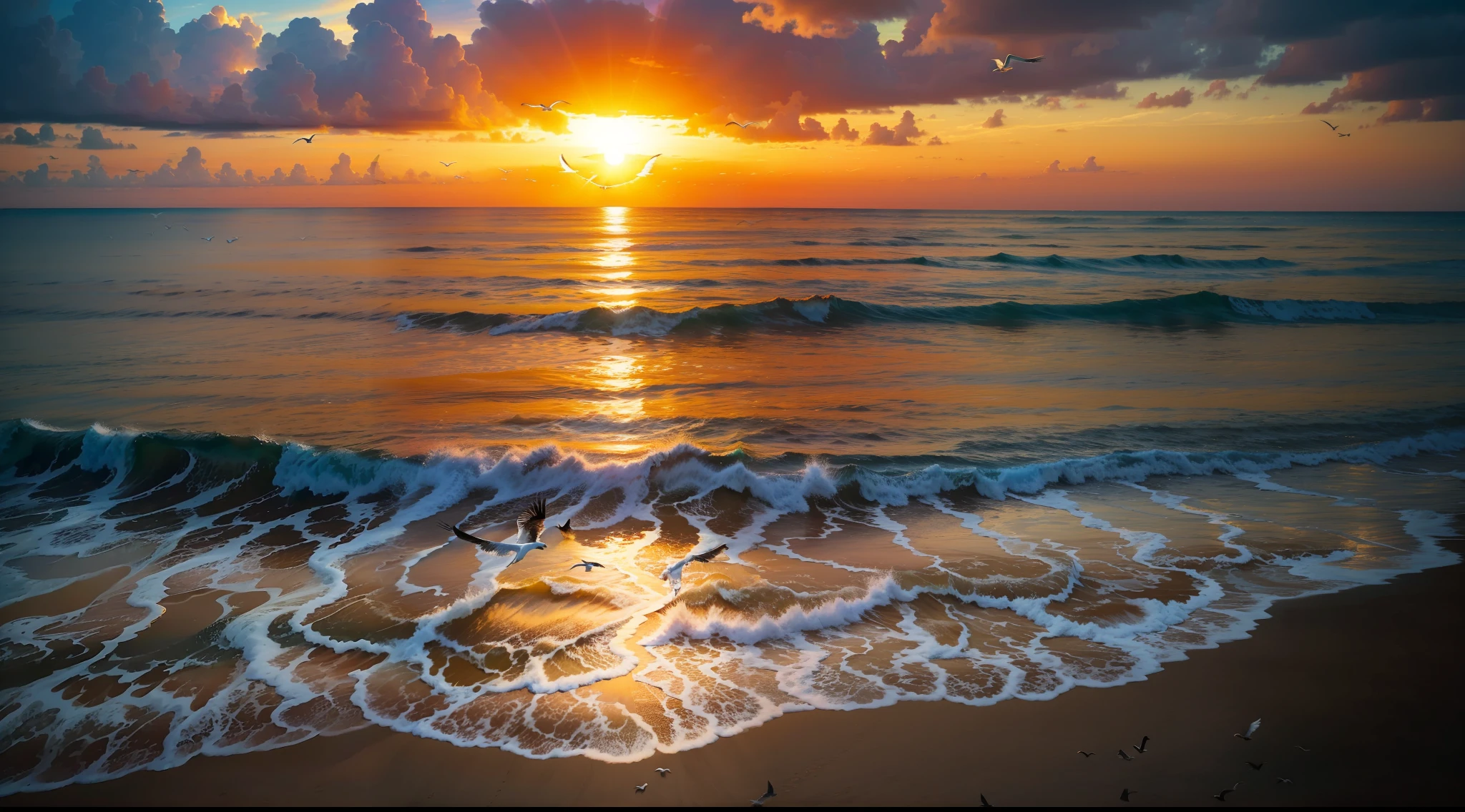Oranges, pinks and yellows blend together to fill the sky, and the sunset over the beach is truly mesmerizing. The crystal clear waters gently kiss the coast, and the white sand beach stretches out endlessly. It's a dynamic and breathtaking scene with seagulls soaring high into the sky and palm trees gently swaying. Take in the calm atmosphere and peace will wash you away.