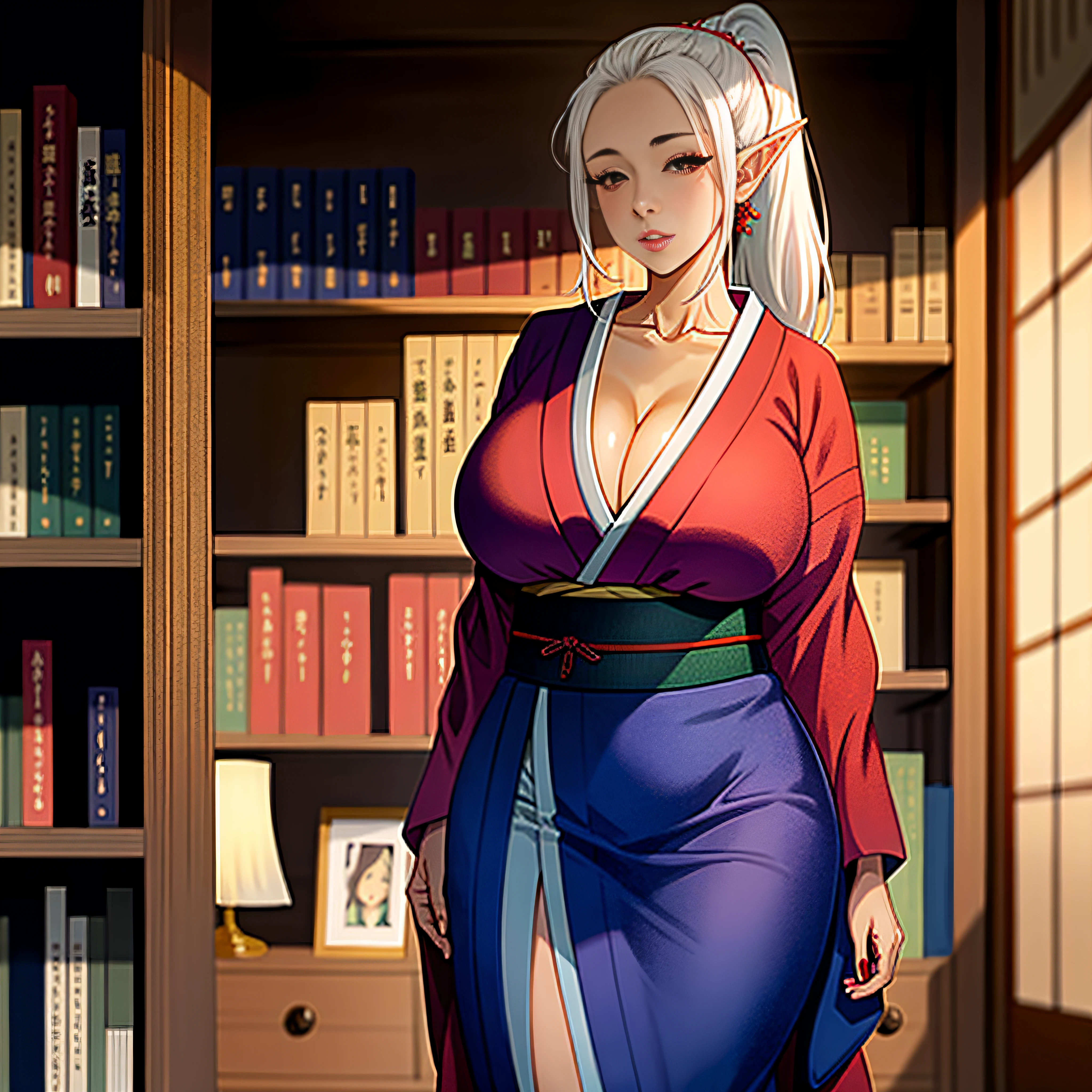 (masterpiece: 1.2, best quality), anime, (real image, intricate details, depth of field), (1girl, solo), perfect eyes, perfect face, perfect hands, perfect lighting, makeup, half-open lips, elf, elven ears, highly detailed, perfect face, (huge breasts: 1.4), (skindentation), thick thighs, wide hips, thin waist, high, bright coral lips, white hair, red eyes, big ponytail, (A girl,  Japanese kimono,), sexy, blushing, medieval library shelf in the background