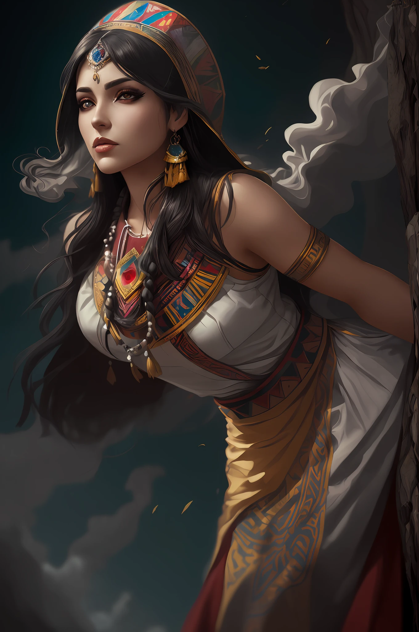 Arafed Woman with perfect black eyes, a colorful dress and headdress standing in front of a tree, Deviantart Artstation CGSCOSIETY, Inca Princess Portrait, Beautiful Character Painting, Artgerm Julie Bell Beeple, Charlie Bowater Character Art, ArtStation Painting, Stunning Digital Illustration, Awesome Character Art, Epic Fantasy Art Portrait, Inca Priestess, Exquisite Character Epic Art