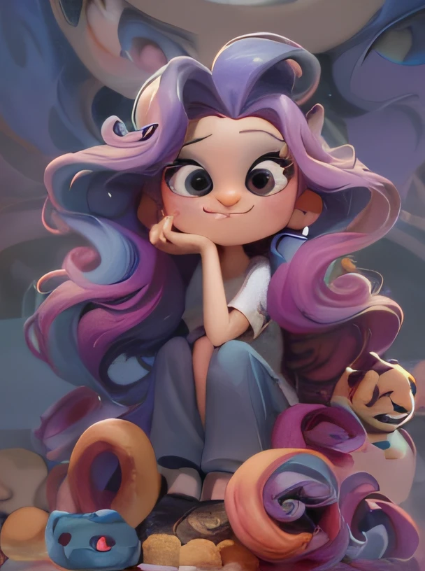 a close up of a cartoon character sitting on a pile of doughnuts, adorable digital painting, cute cartoon character, beeple and jeremiah ketner, cute character, in style of disney animation, the style of wlop, disney artstyle, cute art style, pixar cute character design, animated film, cute digital art, cute cartoon style, disney art style