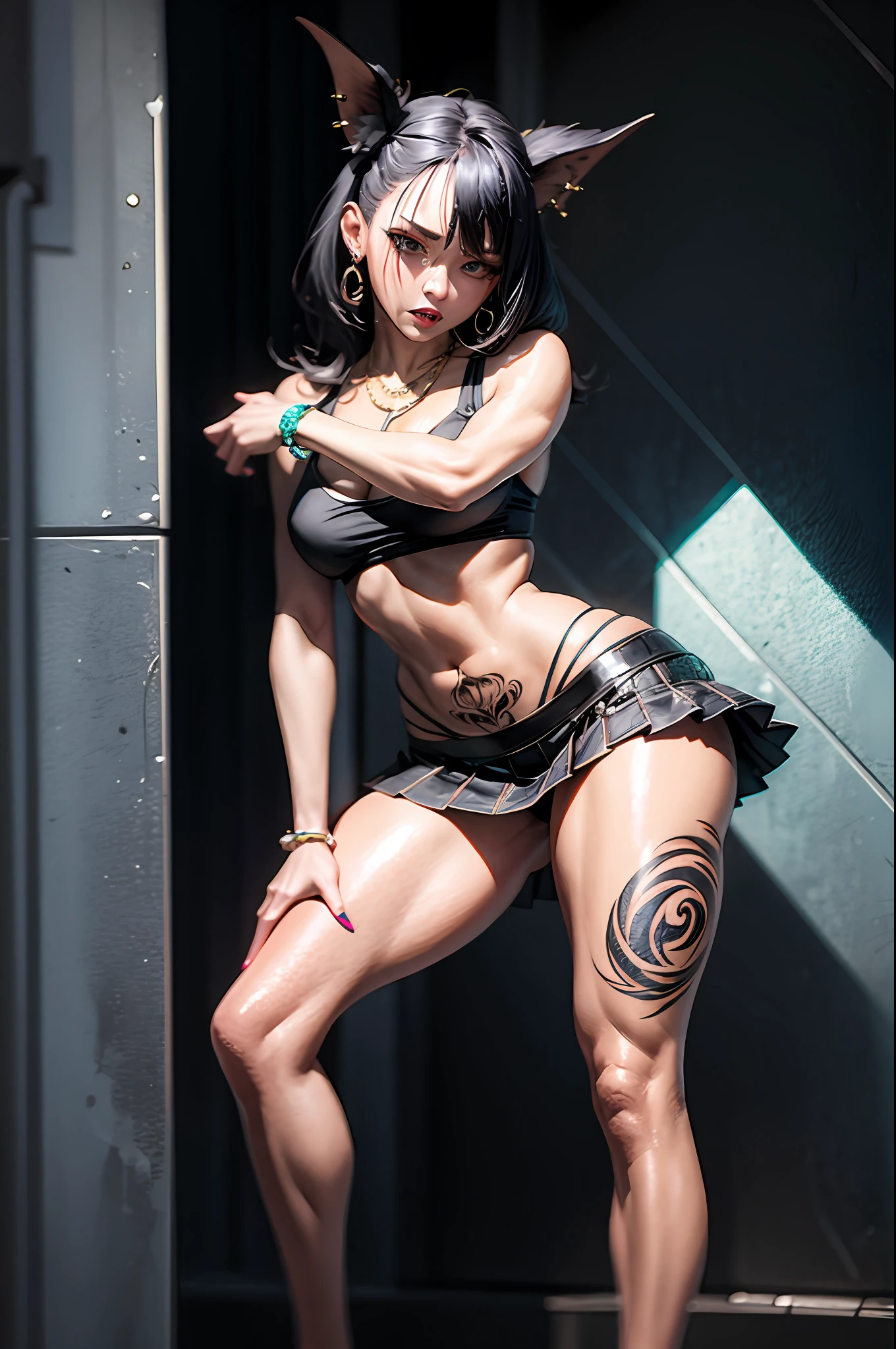 masterpiece, surreal, wicked style, super nasty girl, full body, standing pose, tank top, tattoo, piercing, mini skirt, white panties, nightmare street, high resolution