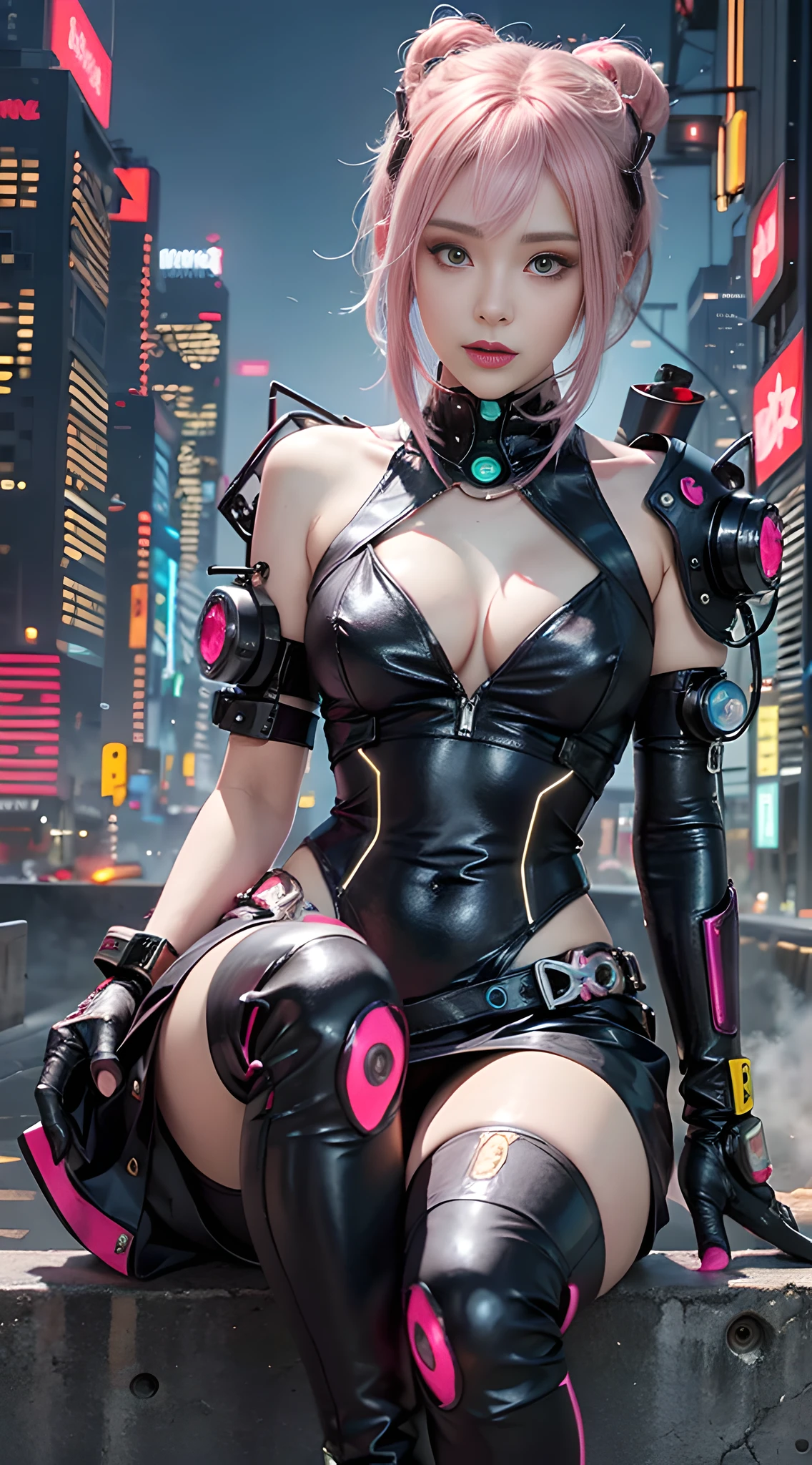 a woman with pink hair sitting on top of a wall, anime cyberpunk art, cyberpunk anime art, female cyberpunk anime girl, cyberpunk anime girl, dreamy cyberpunk girl, cyberpunk girl, anime cyberpunk, cyberpunk beautiful girl, digital cyberpunk anime art, a teen cyberpunk cyborg, neonpunk, young lady cyborg, high quality cyberpunk art, modern cyberpunk animeန