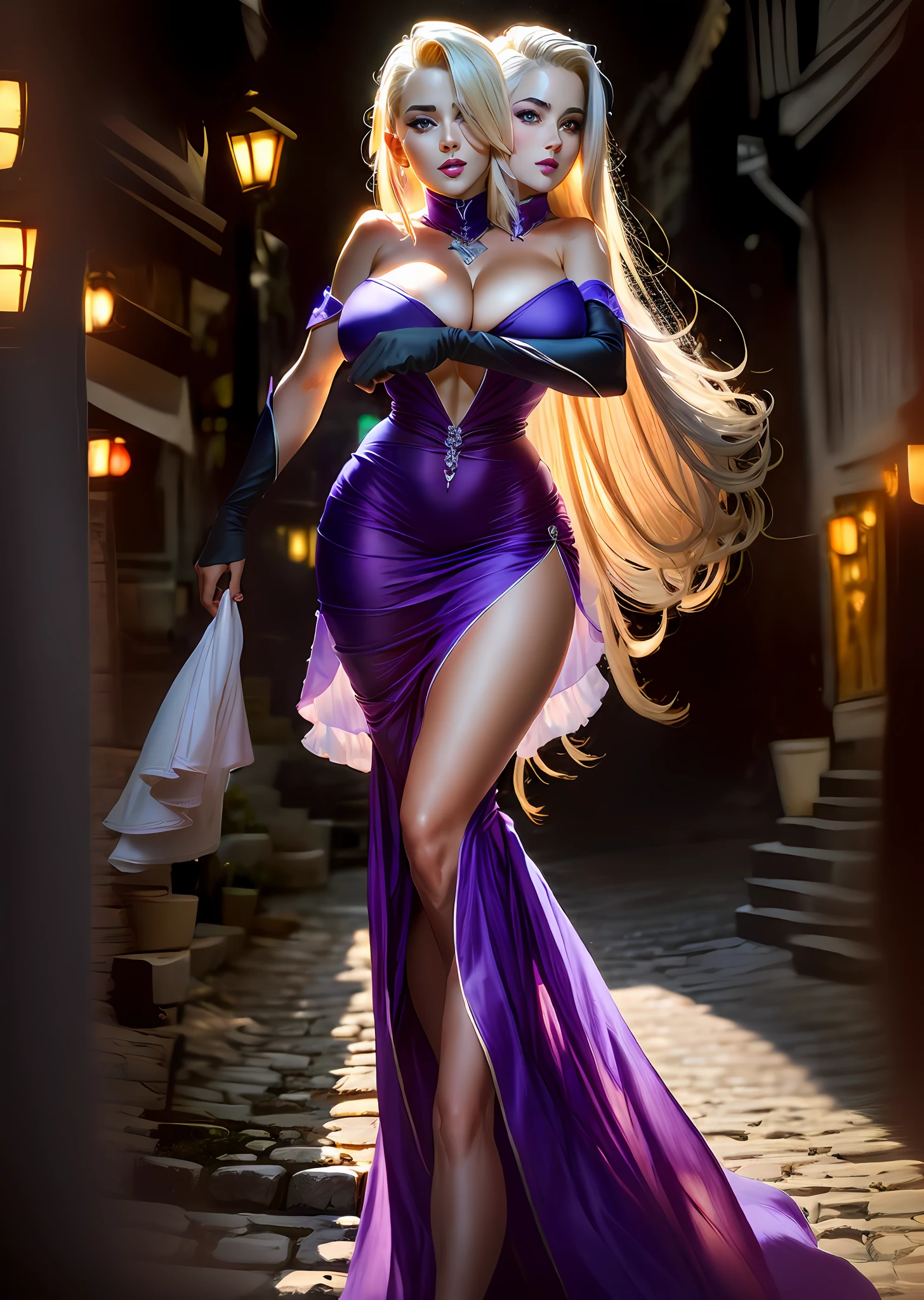 2heads, French, 1 girl, smooth purple lipstick,makeup, looking at viewer,long hair, yamanaka ino, purple gloves, ( purple tight long dress:1.3), navel,Blushing,curvy body, deep decolte,(fullbody image:1.2), (big breasts:1.2), beautiful, village background, walking in the sunny street, bright lighting, masterpiece, best quality, milf, perfect eyes, perfect face, perfect light set, anatomic, anatomical face, cute face, sexy face, lusty, obedient,symmetrical eyes, wide cute smile, puffy glossy anatomical lips, realistic anatomic hands and finges, face muscles, perfect face, perfect body, perfect eyes,ultra detailed face, ultra detailed body, rendered eyes, uhd, high definition, high resolution, ,