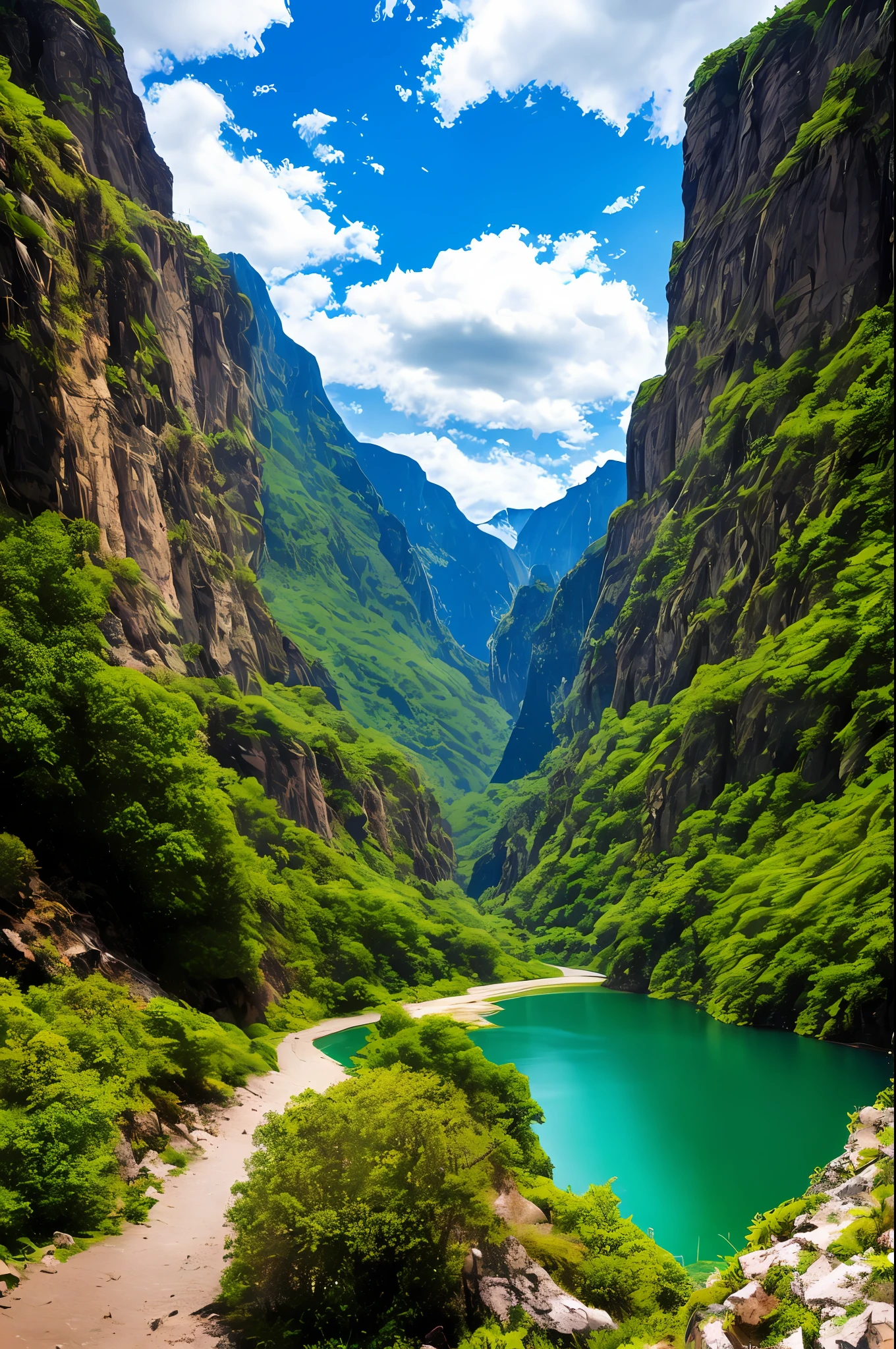 Masterpiece, ultimate quality, Cg unity 8k wallpaper, super delicate, beautiful sky and clouds, rich natural scenery, cliffs, lakes and rivers, waterfalls and flying water, beautiful green mountains, no trace of people, excellent scenery, has already won a photo contest, background Blurring, full depth of field, HDR high dynamics, true restoration, intricate, extreme details, dramatic presentation, perfectly presenting the style of midjourney art.