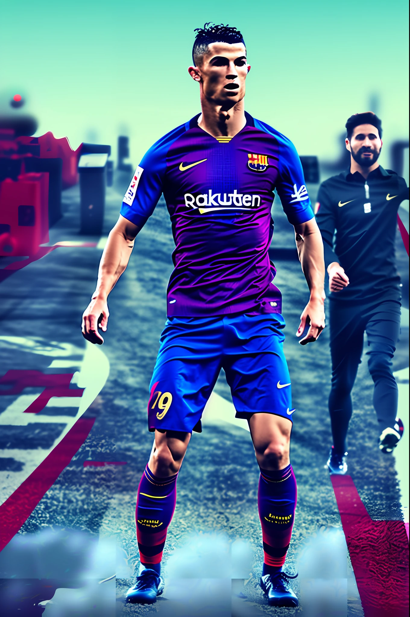 Cristiano Ronaldo with the Barcelona cinematic shirt, dramatic colors, 8k, cinema4d, ultra-realistic image