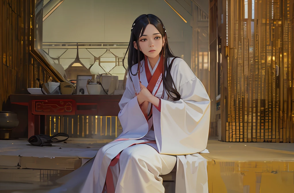 The Arad woman in a white robe sat on the steps, the court, a girl in Hanfu, wearing a gilded red robe, a white Hanfu, wearing a flowing robe, a full body of martial arts, dressed in an ancient Chinese costume, wearing a white robe, wearing a white silk robe, a long flowing white robe, flowing hair and robes, delicate facial features, a beautiful face, a pitiful expression, and a charming and moving posture