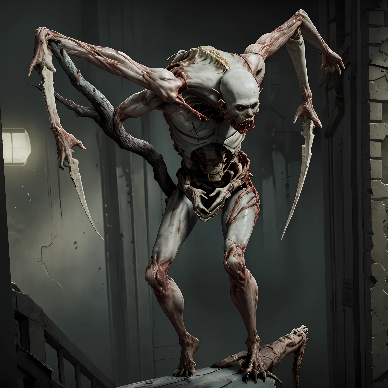 deadspaceslasher climbing a building in the city, dramatic lighting, flesh, gore, horror, streched out limbs with bones attached to it, wallpaper, intricate, sharp focus, ray tracing, rtx, professionally color graded, professional photography, masterpiece, ultra detailed, high quality, best quality, 4k, 8k, raw