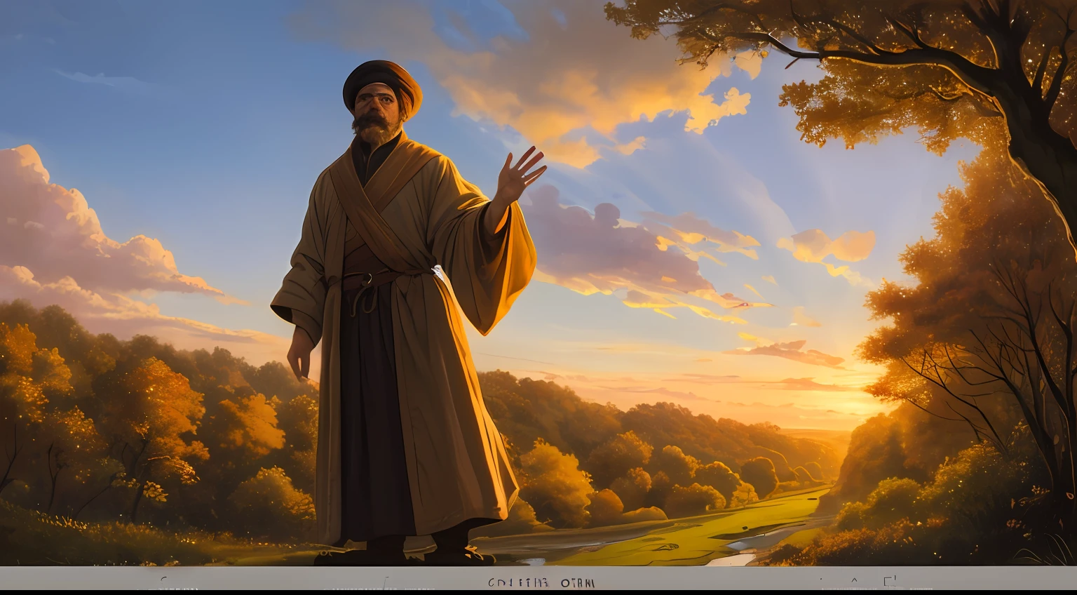 close up of 1 man, middle aged, of iranian descent, wizard walking in the forest, at sunrise, beautiful face, beautiful sky, (oil painting), classical art:0.4, detailed, intricate, (fantasy art), muted color:0.25, best quality, good anatomy, good composition, good proportions, good design, dynamic pose, good pose, realistic sky, realistic backgrounds, (cinematic), (highest quality, award winning, masterpiece:1.3), (art by Arthur Rackham:0.5), (((natural colors))), (photorealistic:1.4), ((empty hands, holding nothing)),