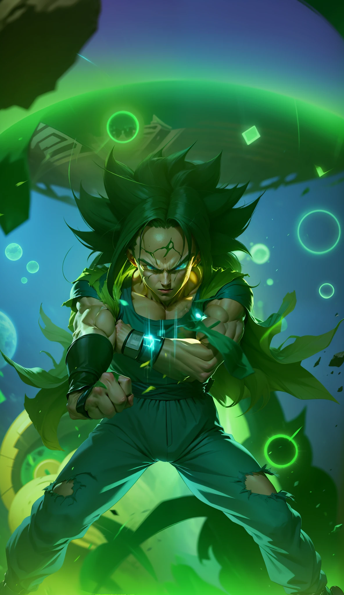 Android 17, ultra-detailed CG 8k wallpaper unit, best quality, better lighting, better shadow, dynamic pose, flying (if possible), super saiyan aura, fighting a worthy opponent, epic background, wide shot), Omnitrix watch.