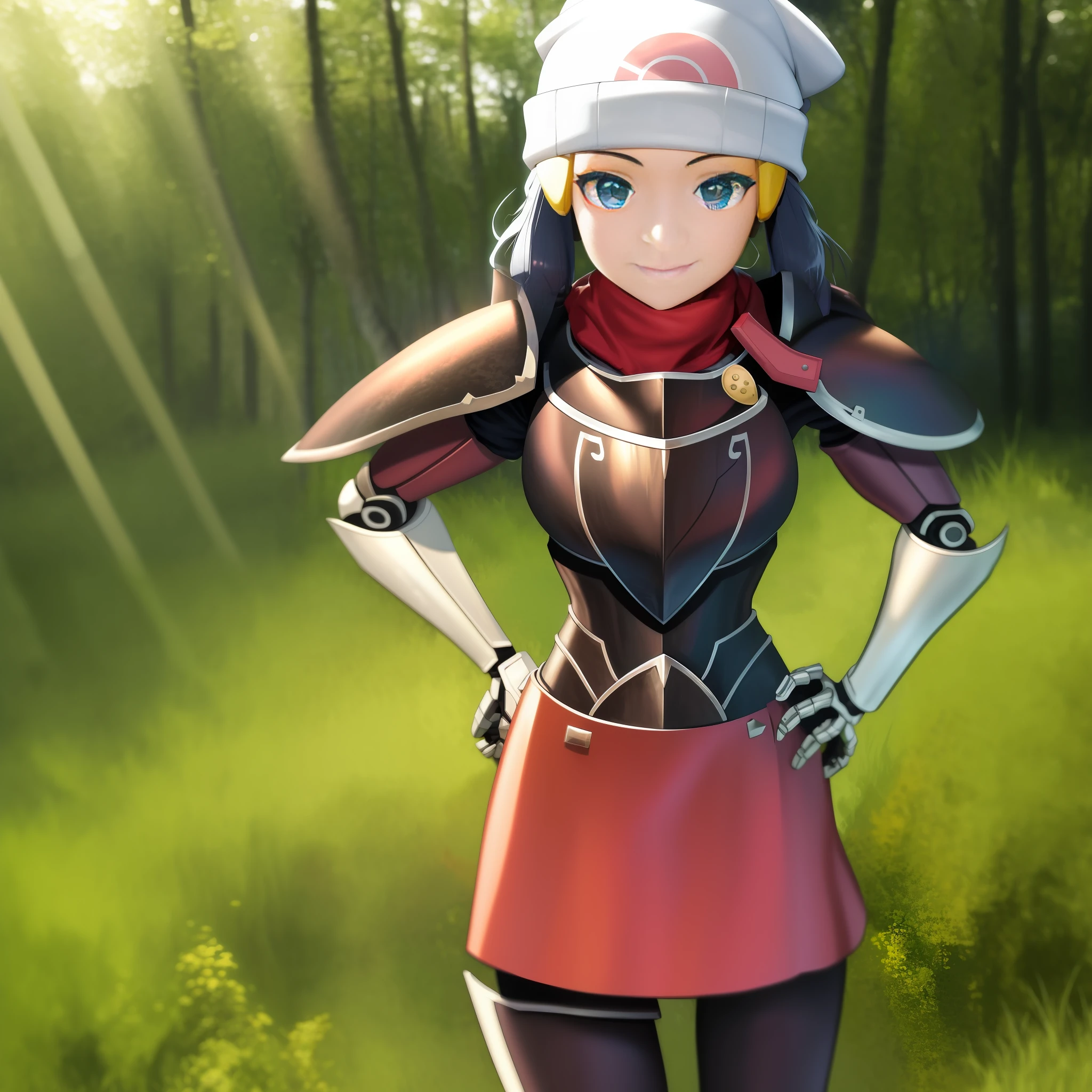 Female wearing heavy plate armor with red heart on her chest, cowboy pose, hands resting on hips, heavy cyber armor, mechsuit, heavy plate armor, Heavy megamanX armor, scarf, cybernetic gloves, cybernetic thighs, heavy armored torso, heavy armored arms and legs, heavy armored skirt, cyber skirt, knight armor, cyber knight armor, heavy armor, large armor