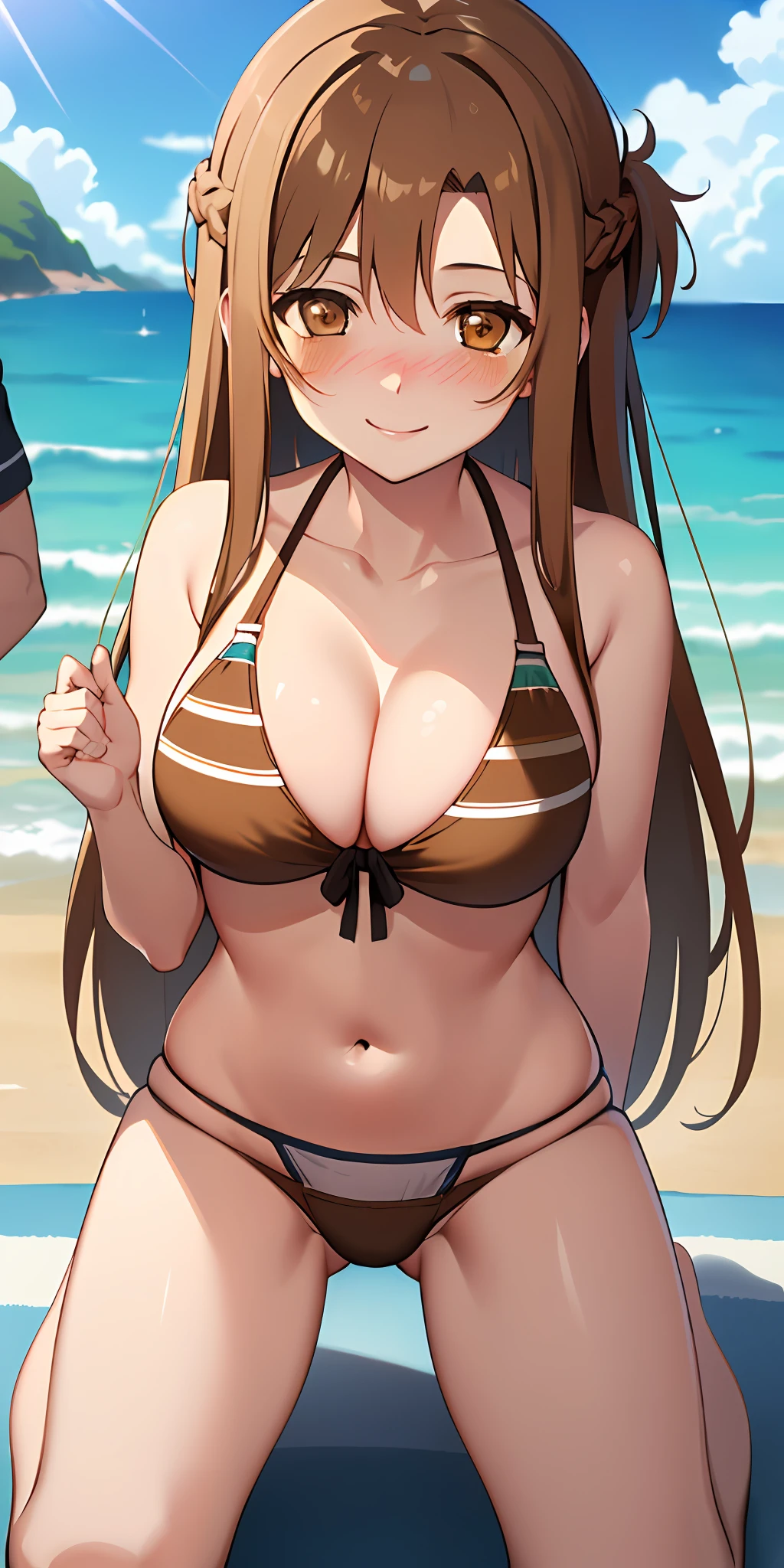 (Best quality:1.3), asuna yuuki, light brown long hair, (brown eyes:2), large round breasts, thighs, bikini, beach, smiling, (crotch focus, blushing:1.3), kneeling