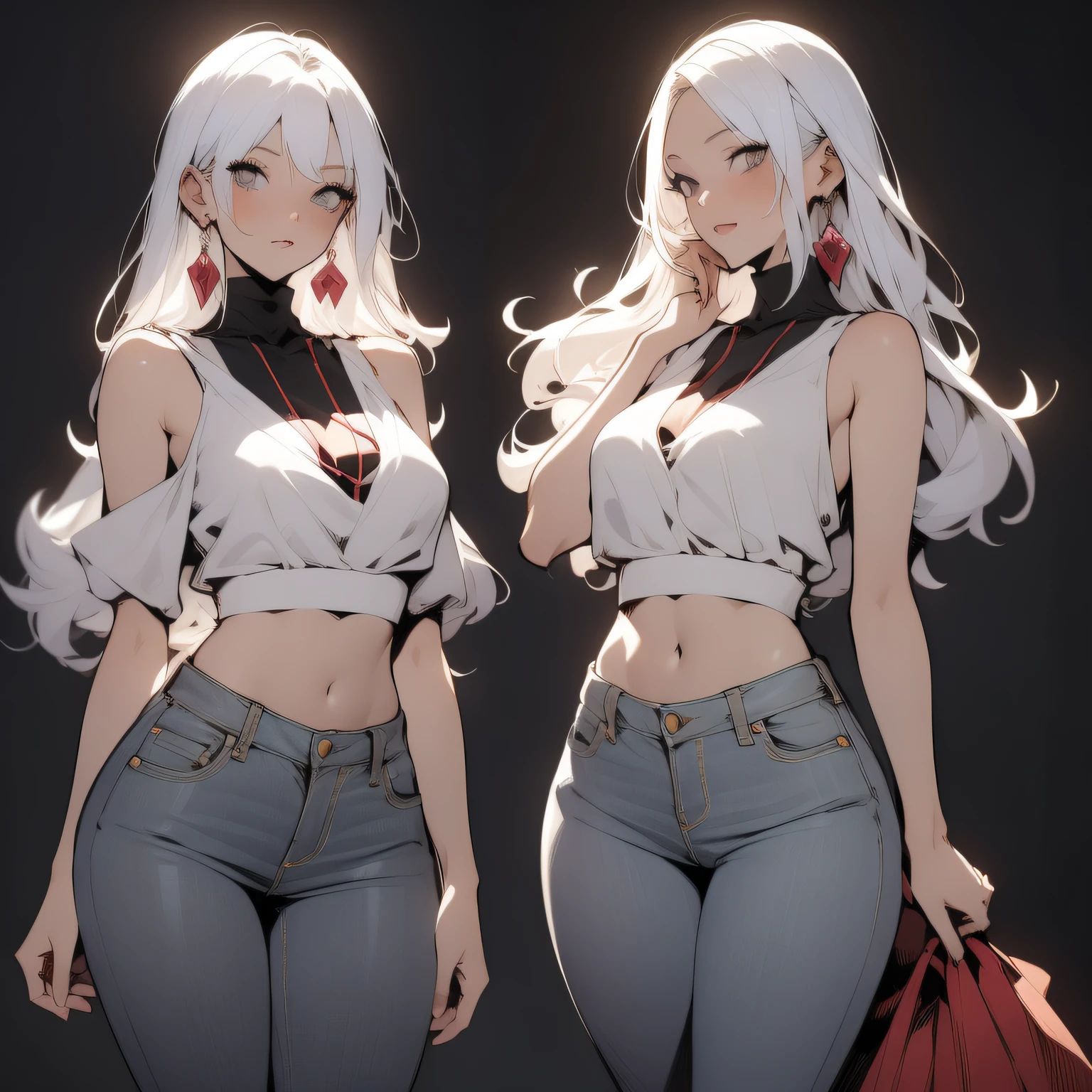 ((Absurdres)), ((best quality)), ((masterpiece)), ((Simon Bisley)), (((wimple))), Beautiful elegant anime woman and small breasts wearing white fashion sleeveless blouse and dark tight jeans, white hair, 30 years old, fit and tall body, two-piece outfit, small earrings, cute face, Sexy standing pose, black background, grayscale image, Colorless lighting