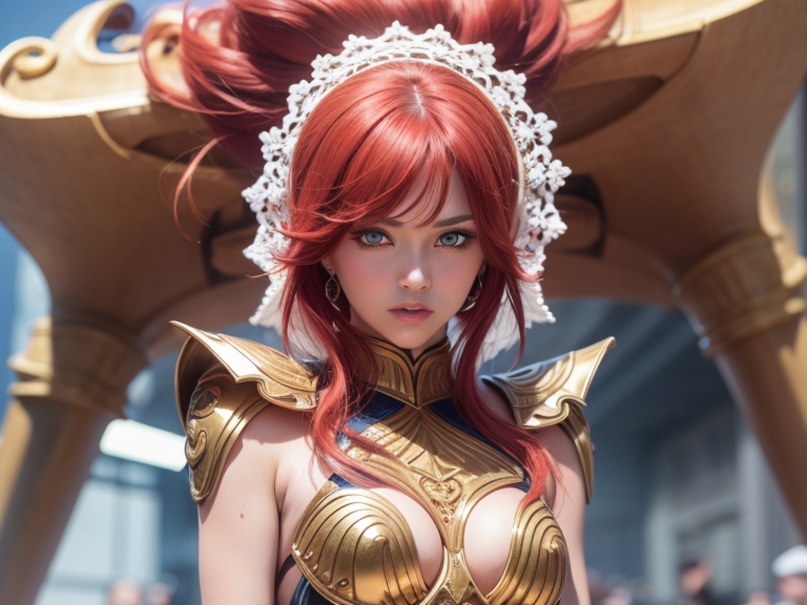 Make a face of a beautiful girl with red hair blue eyes and extremely beautiful, saint seiya style, girl looking at the public from the side with a lot of charm to catch the attention of the public, 16k, ultra hd, full of detlhes, vibrant colors, contrast and perfect brightness highlighting the girl, cinema style