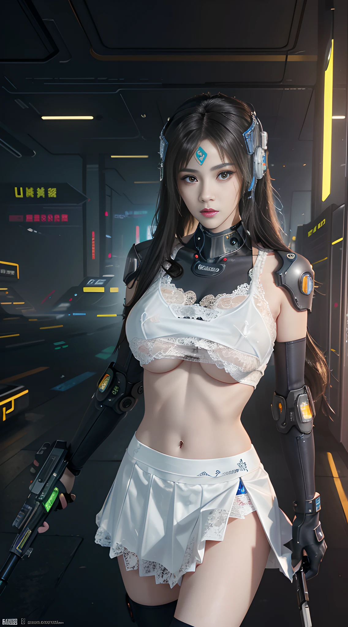 ((Best quality)), ((masterpiece)), (highly detailed:1.3), 3D, beautiful, (cyberpunk:1.6), in space, nebula, (holding_weapon:1.3), laser, (1Female mecha:1.3), sexy body, facing the audience, Glowing eyes, full body, (flying, swooping down, dynamic, motion blur: 1.4), (huge mech wings: 1.6), looking up, glowing_eyes, mecha, panorama, background is earth, nebula, space, particles, Reality, HDR (High Dynamic Range), Ray Tracing, NVIDIA RTX, Super Resolution, Unreal 5, Subsurface Scattering, PBR Textures, Post Processing, Anisotropic Filtering, Depth of Field, Maximum Clarity and Clarity, Multilayer Textures, Albedo and Specular maps, Surface shading, accurate simulation of light-material interaction, perfect proportions, Octane Render, two-tone lighting, large aperture, low ISO, white balance, rule of thirds, 8K RAW, efficient sub-pixel, sub-pixel volume product, (best quality),(Japanese:0.5),(korean:0.8), (Liu Yi Fei:1.5) long hair, (big breast:1.2),(underboob:1.5), (white transparent lace mini skirt:1.5)