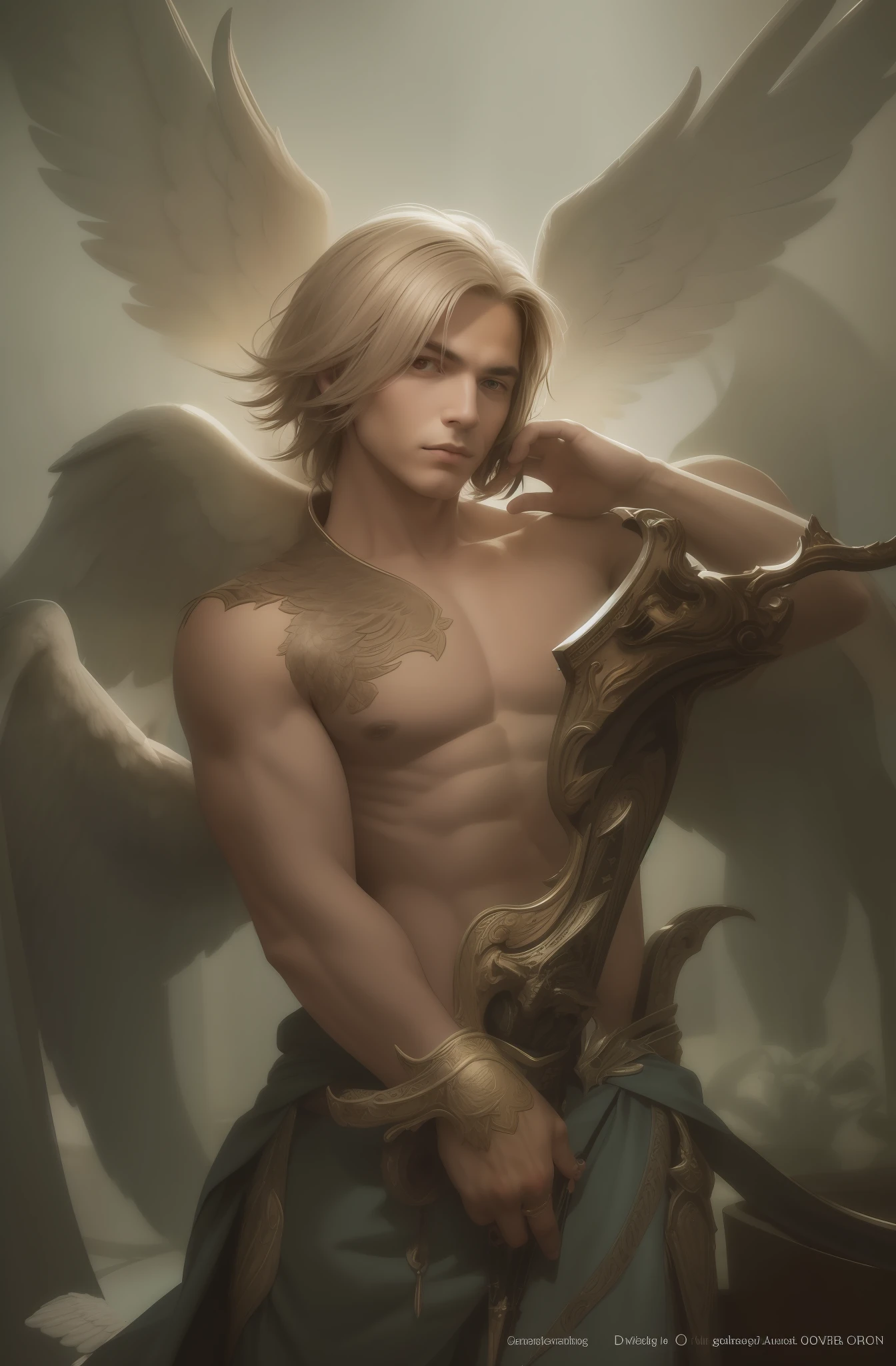 realistic photo, a man with wings with aurea holding a sword, dark and bald with double pupil eyes