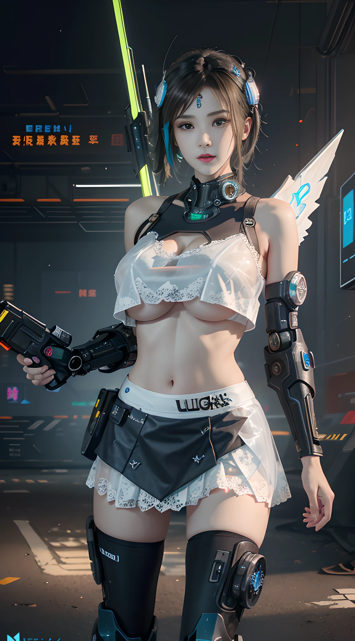 ((Best quality)), ((masterpiece)), (highly detailed:1.3), 3D, beautiful, (cyberpunk:1.6), in space, nebula, (holding_weapon:1.3), laser, (1Female mecha:1.3), sexy body, facing the audience, Glowing eyes, full body, (flying, swooping down, dynamic, motion blur: 1.4), (huge mech wings: 1.6), looking up, glowing_eyes, mecha, panorama, background is earth, nebula, space, particles, Reality, HDR (High Dynamic Range), Ray Tracing, NVIDIA RTX, Super Resolution, Unreal 5, Subsurface Scattering, PBR Textures, Post Processing, Anisotropic Filtering, Depth of Field, Maximum Clarity and Clarity, Multilayer Textures, Albedo and Specular maps, Surface shading, accurate simulation of light-material interaction, perfect proportions, Octane Render, two-tone lighting, large aperture, low ISO, white balance, rule of thirds, 8K RAW, efficient sub-pixel, sub-pixel volume product, (best quality),(Japanese:0.5),(korean:0.8), (Liu Yi Fei:1.5) long hair, (big breast:1.2),(underboob:1.5), (white transparent lace mini skirt:1.5)