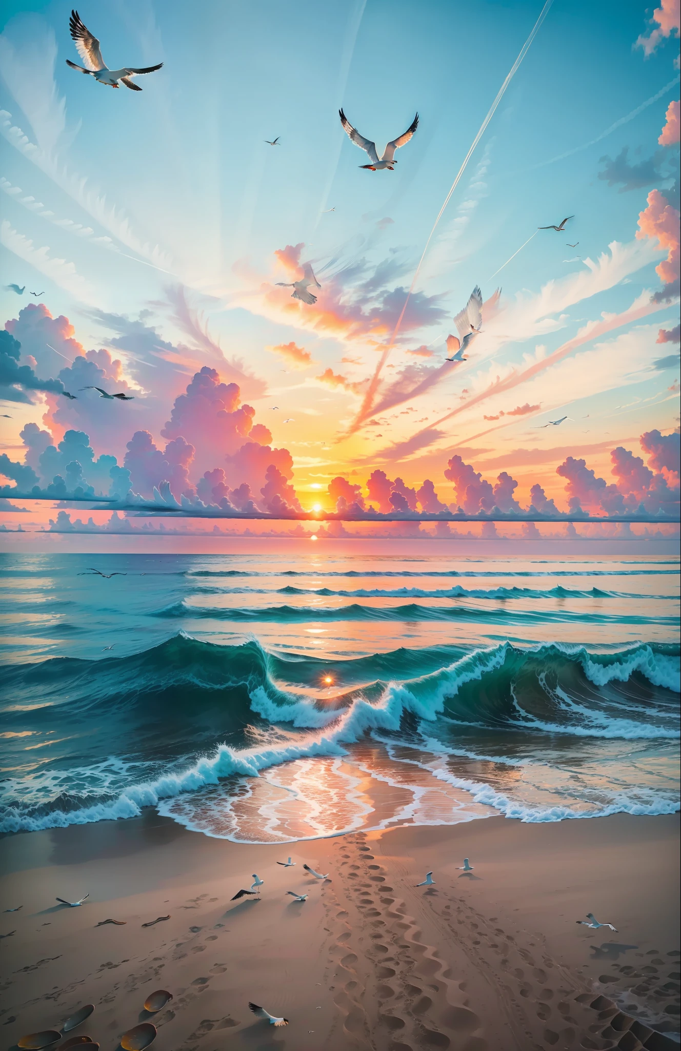 Oranges, pinks and yellows blend together to fill the sky, and the sunset over the beach is truly mesmerizing. The crystal clear waters gently kiss the coast, and the white sand beach stretches out endlessly. It's a dynamic and breathtaking scene with seagulls soaring high into the sky and palm trees gently swaying. Take in the calm atmosphere and peace will wash you away.