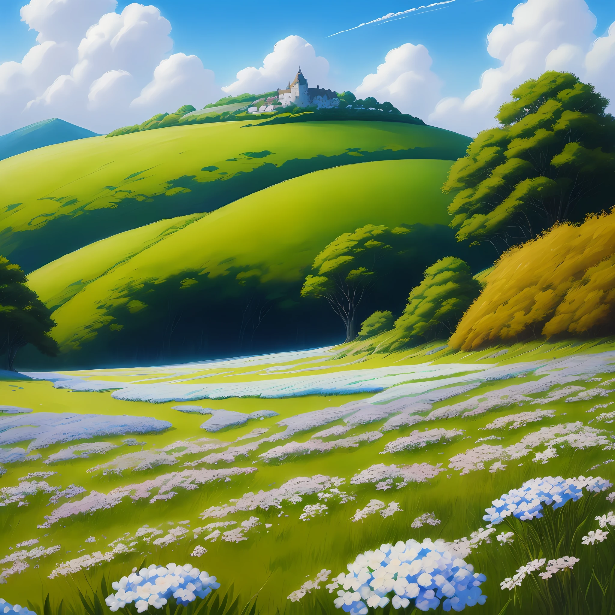 Realistic, authentic, beautiful and amazing landscape oil painting Studio Ghibli Hayao Miyazaki&#39;s petal grassland with blue sky and white clouds --v6