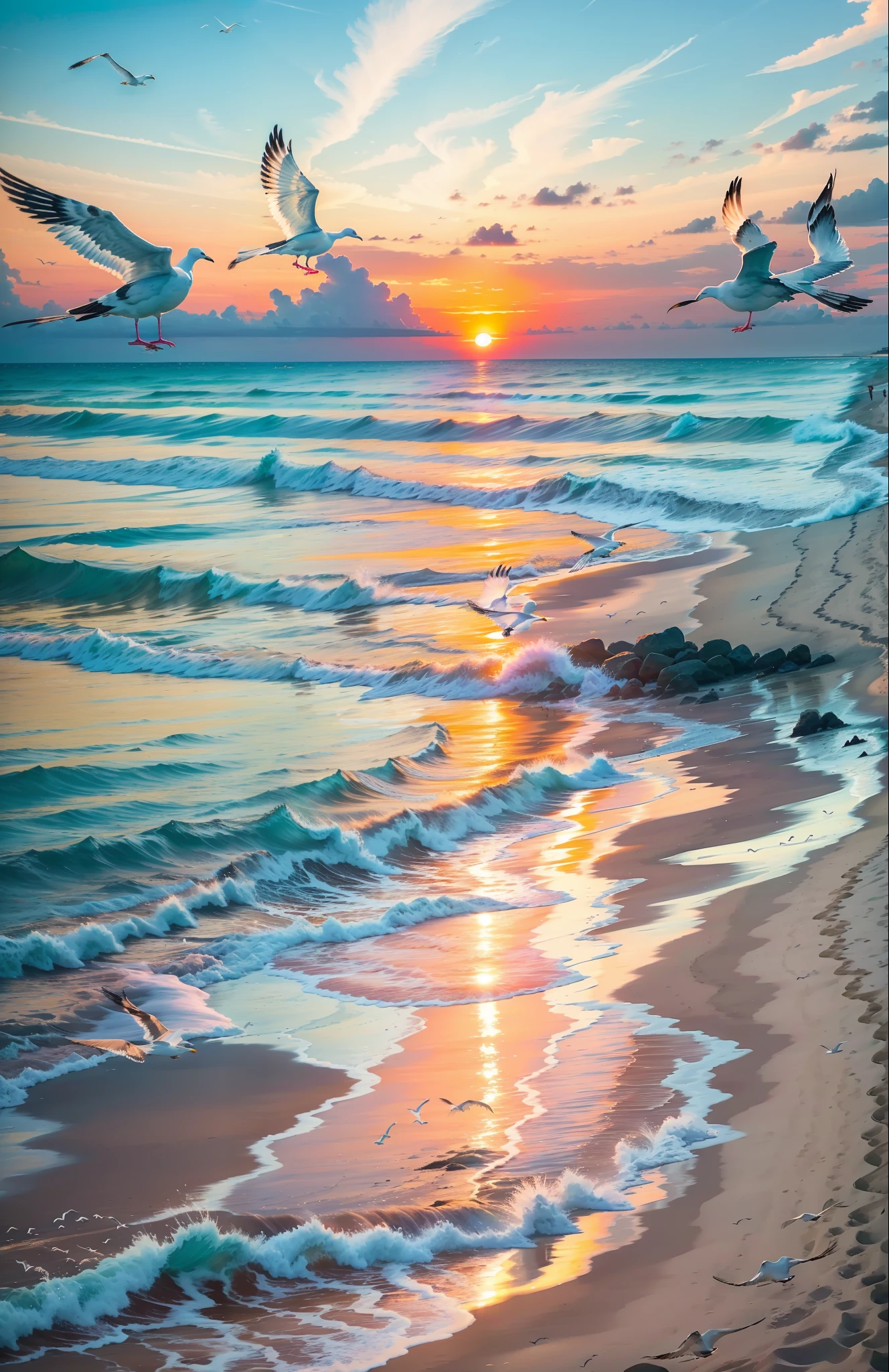Oranges, pinks and yellows blend together to fill the sky, and the sunset over the beach is truly mesmerizing. The crystal clear waters gently kiss the coast, and the white sand beach stretches out endlessly. It's a dynamic and breathtaking scene with seagulls soaring high into the sky and palm trees gently swaying. Take in the calm atmosphere and peace will wash you away.