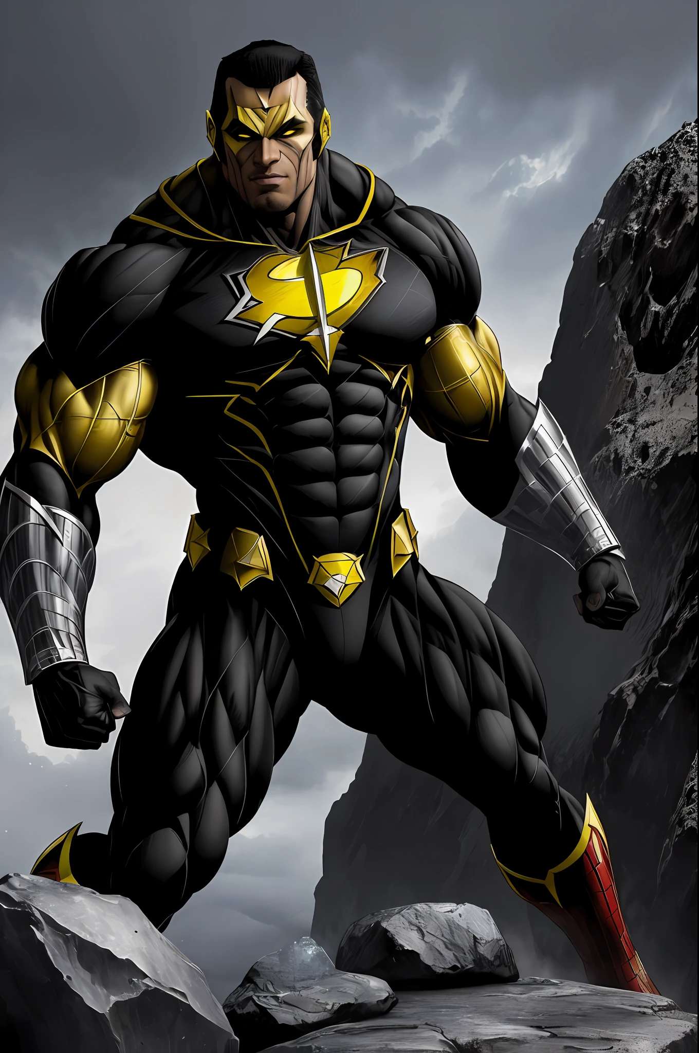 (16k, RAW photo, best quality, masterpiece: 1.2), ultra-detailed, formal art, photorealism: 1.37, upper body photo, (man ((African), beauty,(( Super hero Black Adam with The Rock , )film grain, action pose