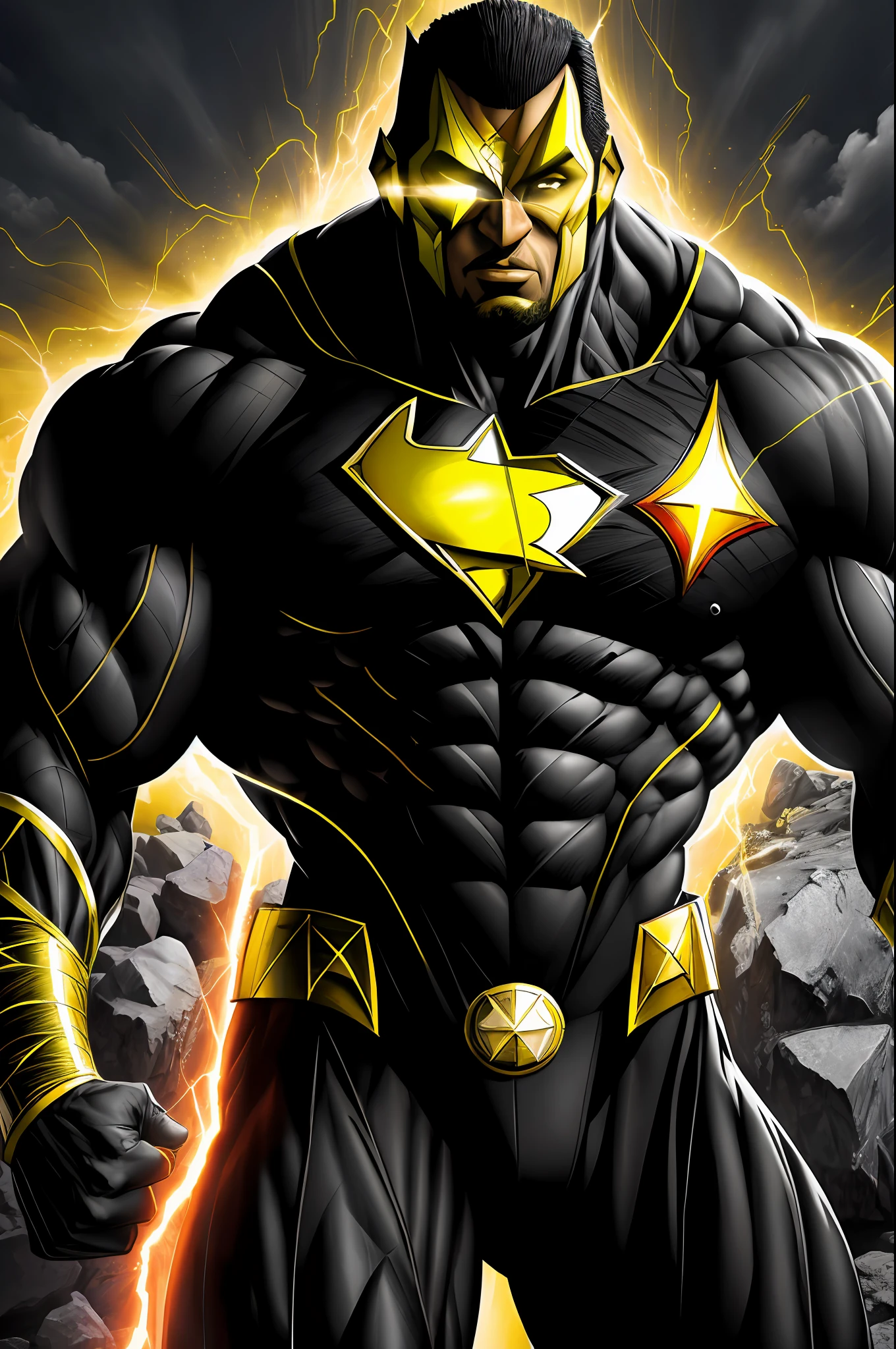 (16k, RAW photo, best quality, masterpiece: 1.2), ultra-detailed, formal art, photorealism: 1.37, upper body photo, (man ((African), beauty,(( Super hero Black Adam with The Rock , )film grain, action pose