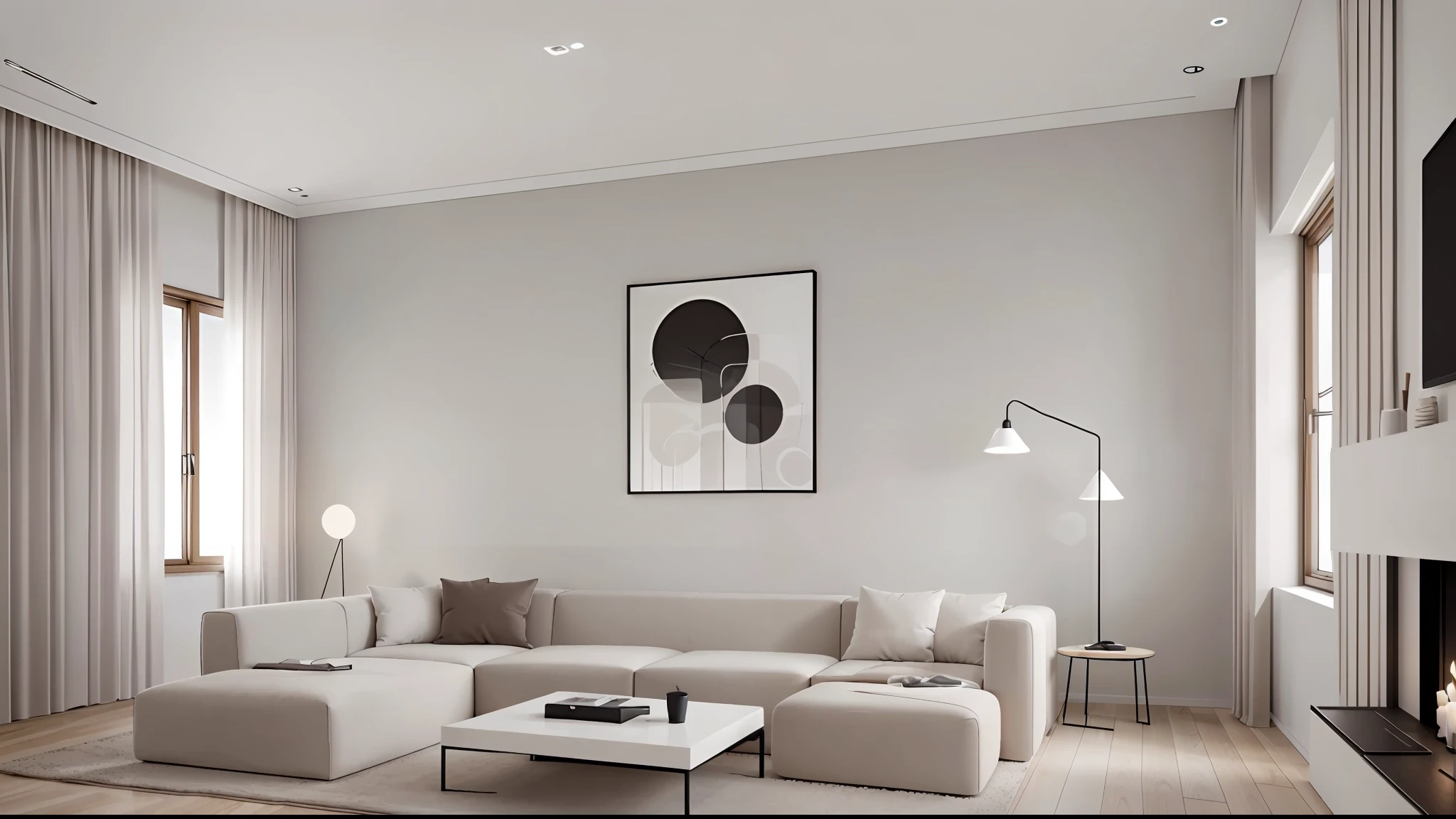 minimalist interior, living room, white walls, skin pores, skin indentation, detailed face, best shadows, best lighting, cinematic lighting, best quality, luminous eyes, ambient warm light, warm tones,