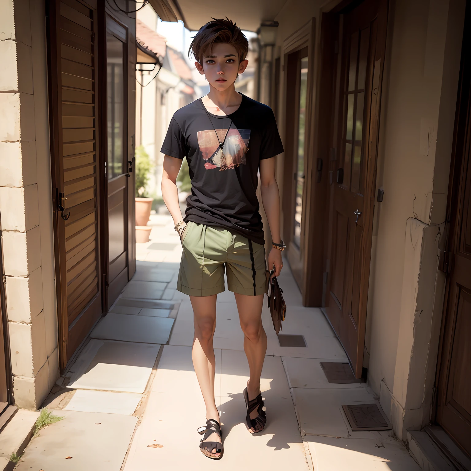 Elf boy, light brown hair, brown skin, anime style, full body portrait, barefoot --auto