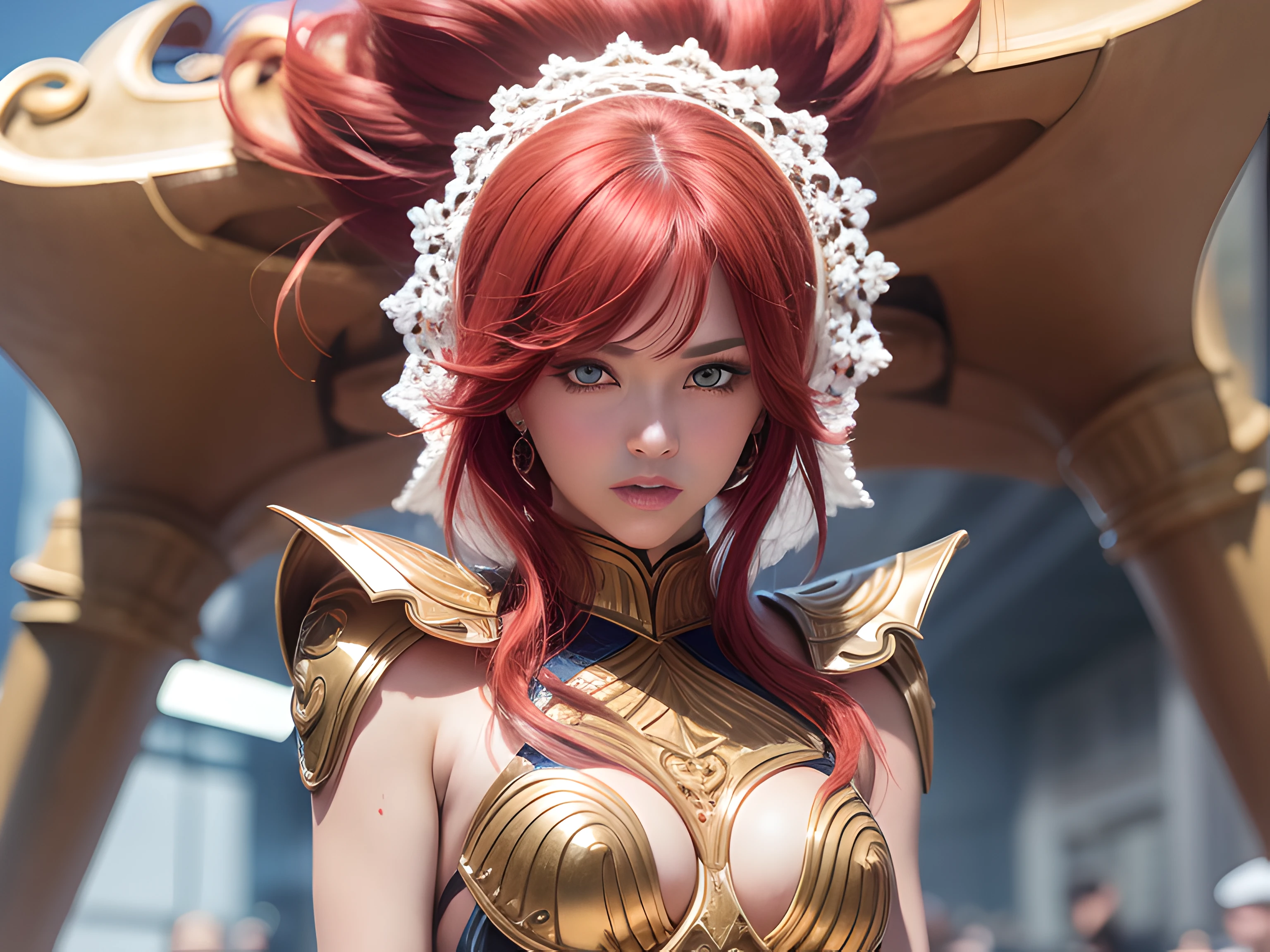 Make a face of a beautiful girl with red hair blue eyes and extremely beautiful, saint seiya style, girl looking at the public from the side with a lot of charm to catch the attention of the public, 16k, ultra hd, full of detlhes, vibrant colors, contrast and perfect brightness highlighting the girl, cinema style