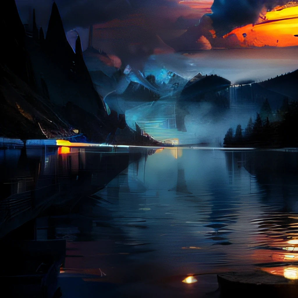An absolutely mesmerizing sunset over central lake, with a mixture of blue, gray and smoke filling the sky. The crystal clear waters of the lake, with a deck in the center The scene is dynamic and breathtaking, with gloom and fog, Soak up the calming atmosphere and let the tranquility take care of you.