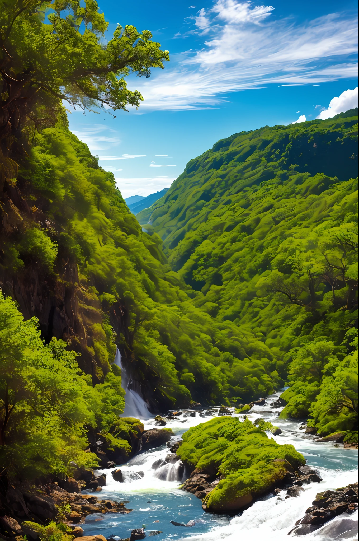 Masterpiece, ultimate quality, Cg unity 8k wallpaper, super delicate, beautiful sky and clouds, rich natural scenery, cliffs, lakes and rivers, waterfalls and flying water, beautiful green mountains, no trace of people, excellent scenery, has already won a photo contest, background Blurring, full depth of field, HDR high dynamics, true restoration, intricate, extreme details, dramatic presentation, perfectly presenting the style of midjourney art.