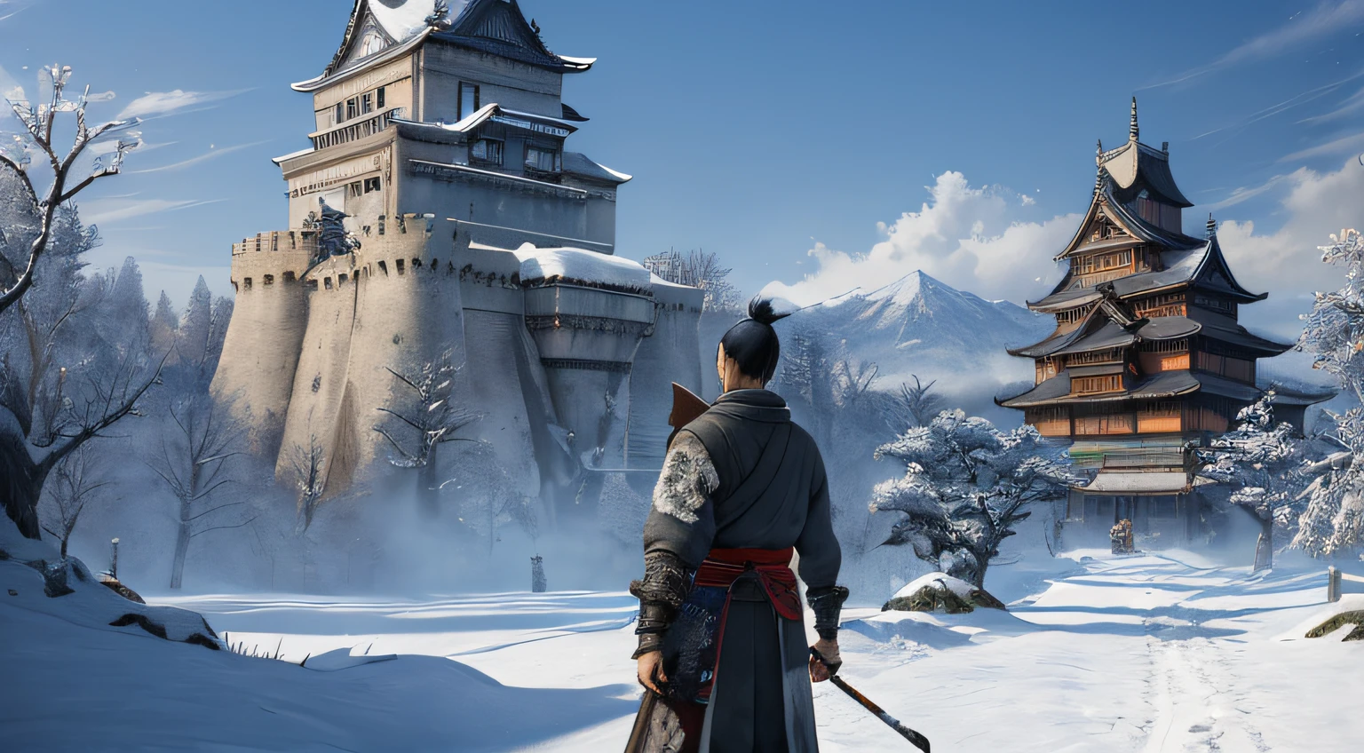 ((masterpiece)),((best quality)),((high detail)),((realistic,)) ((ultra detailed)) 1sekiro, on a hill looking at the Ashina castle.