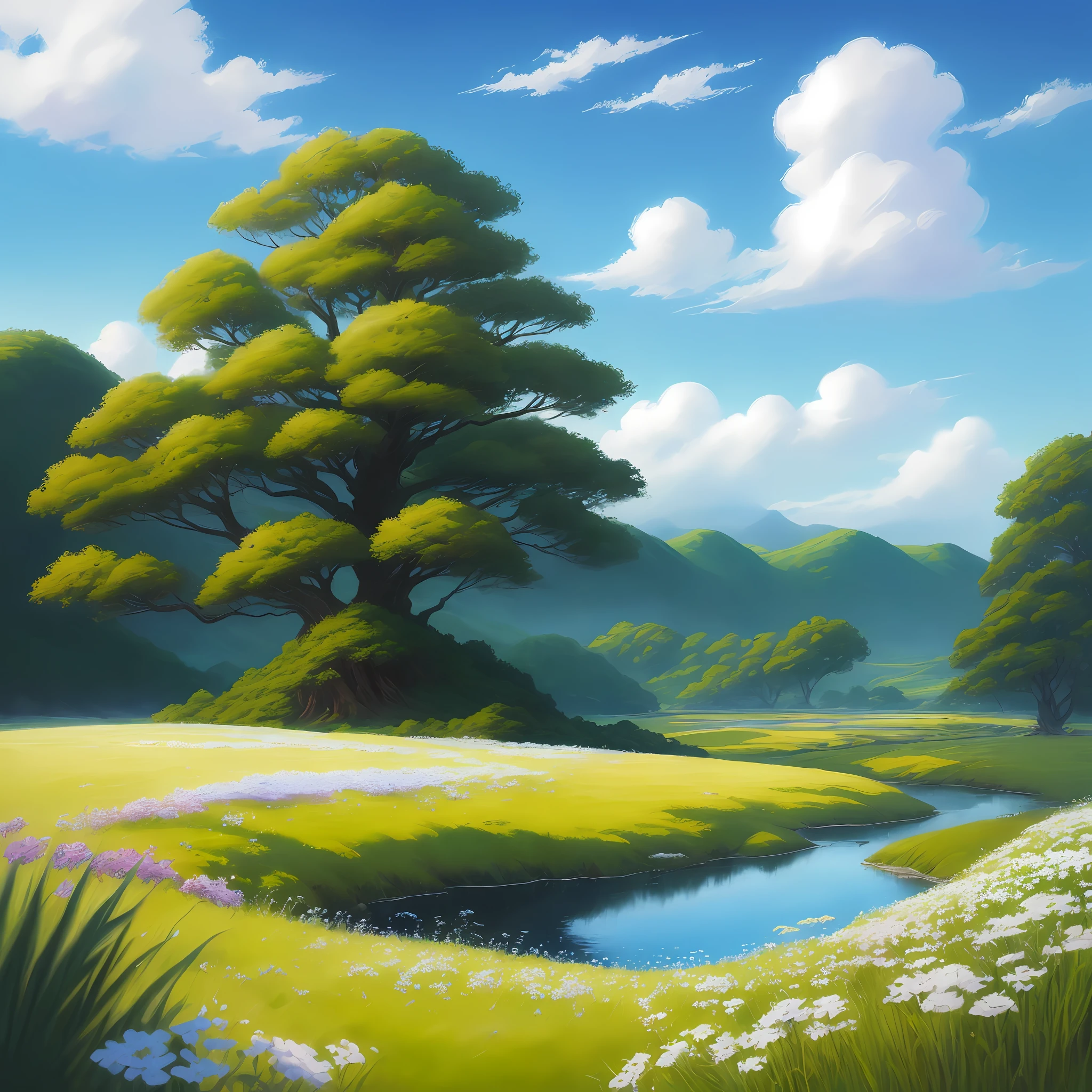 Realistic, authentic, beautiful and amazing landscape oil painting Studio Ghibli Hayao Miyazaki&#39;s petal grassland with blue sky and white clouds --v6