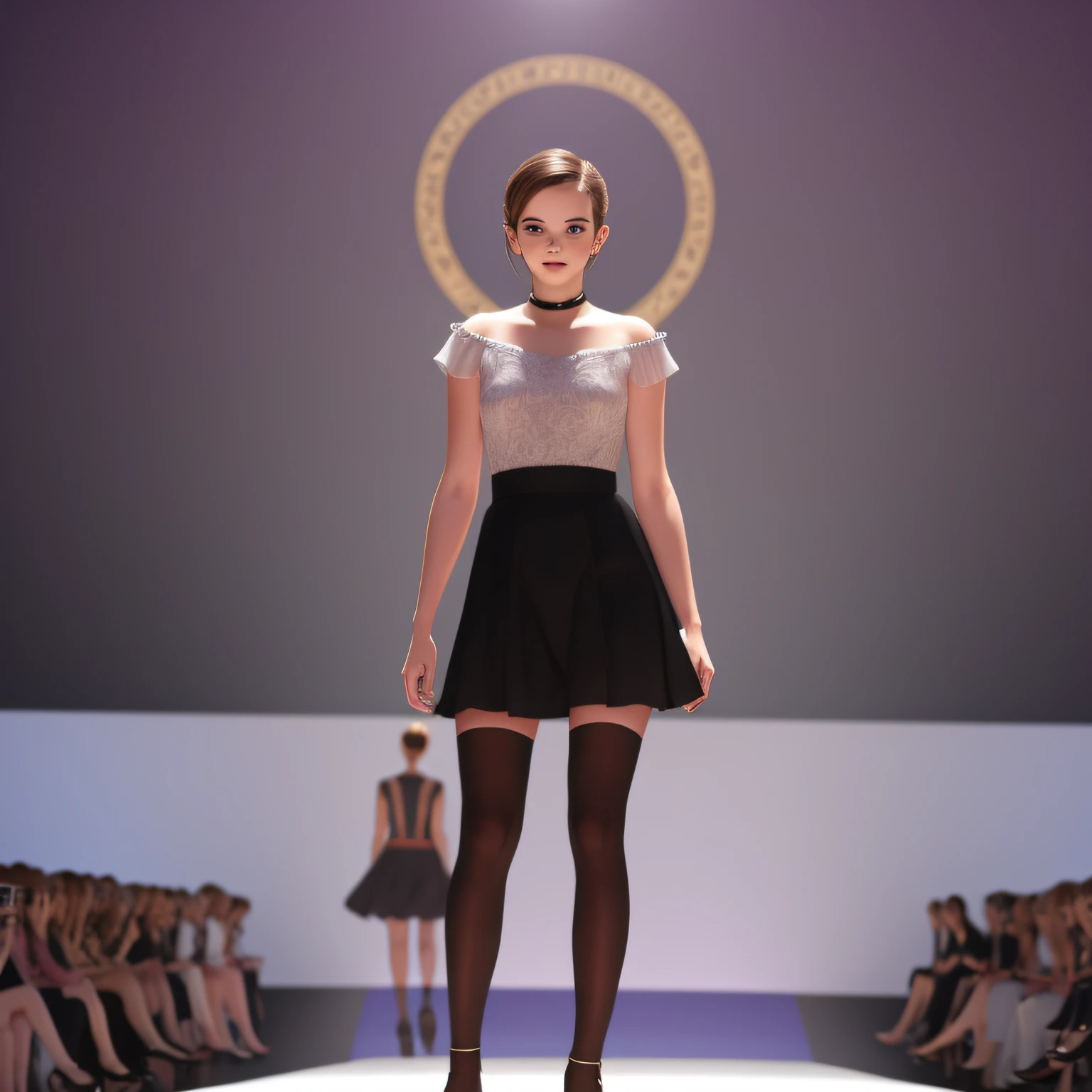 realitic，young Emma Watson，normal and beautiful face,fashion show，solo performance，full body photo
