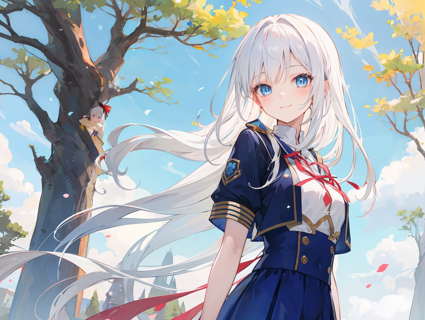 Creat a girl with flowing variant white hair and striking sharp blue eyes, she was wearing a fantasy high school uniform and had a warm smile on her face under tree