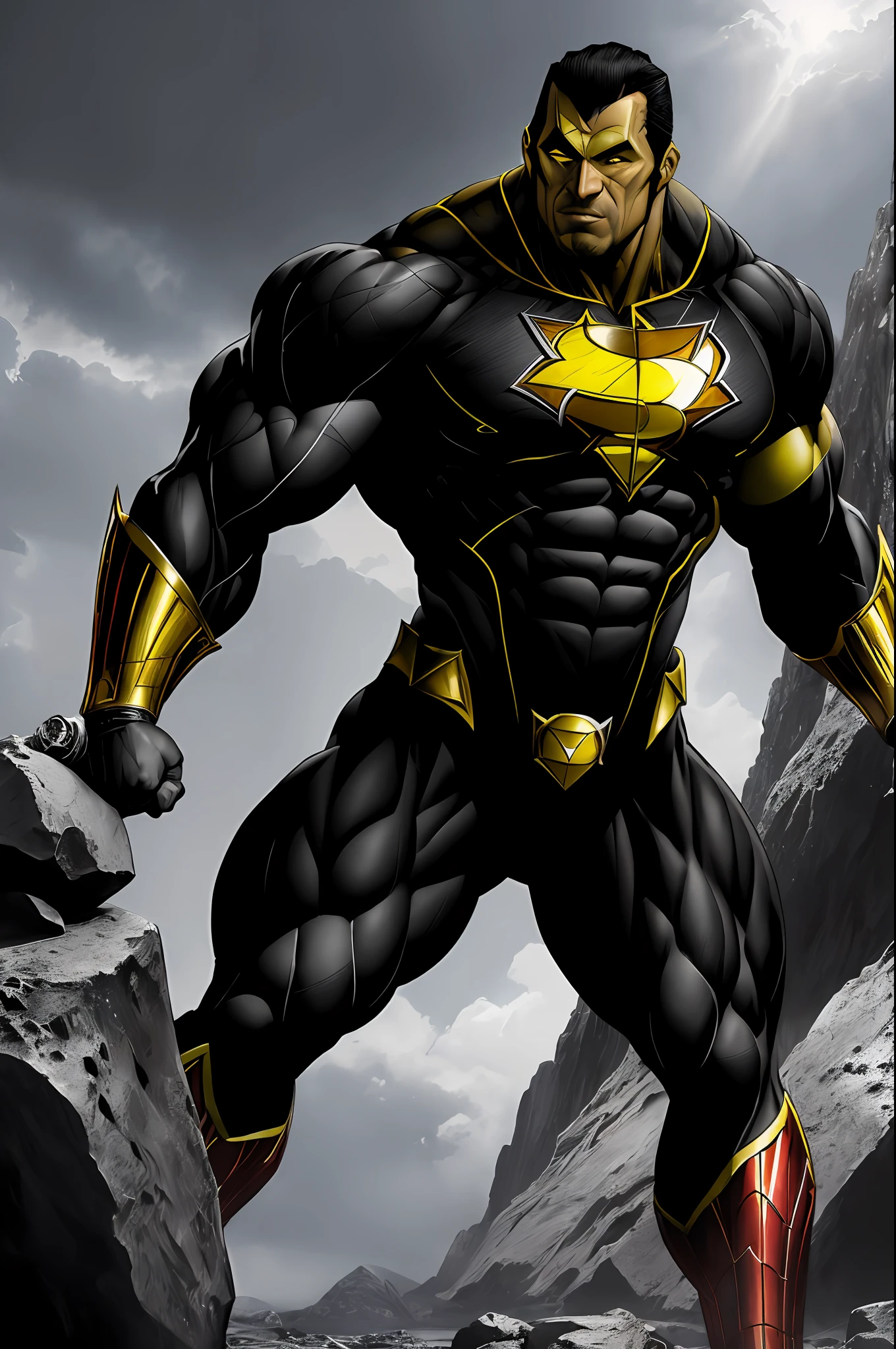 (16k, RAW photo, best quality, masterpiece: 1.2), ultra-detailed, formal art, photorealism: 1.37, upper body photo, (man ((African), beauty,(( Super hero Black Adam with The Rock , )film grain, action pose