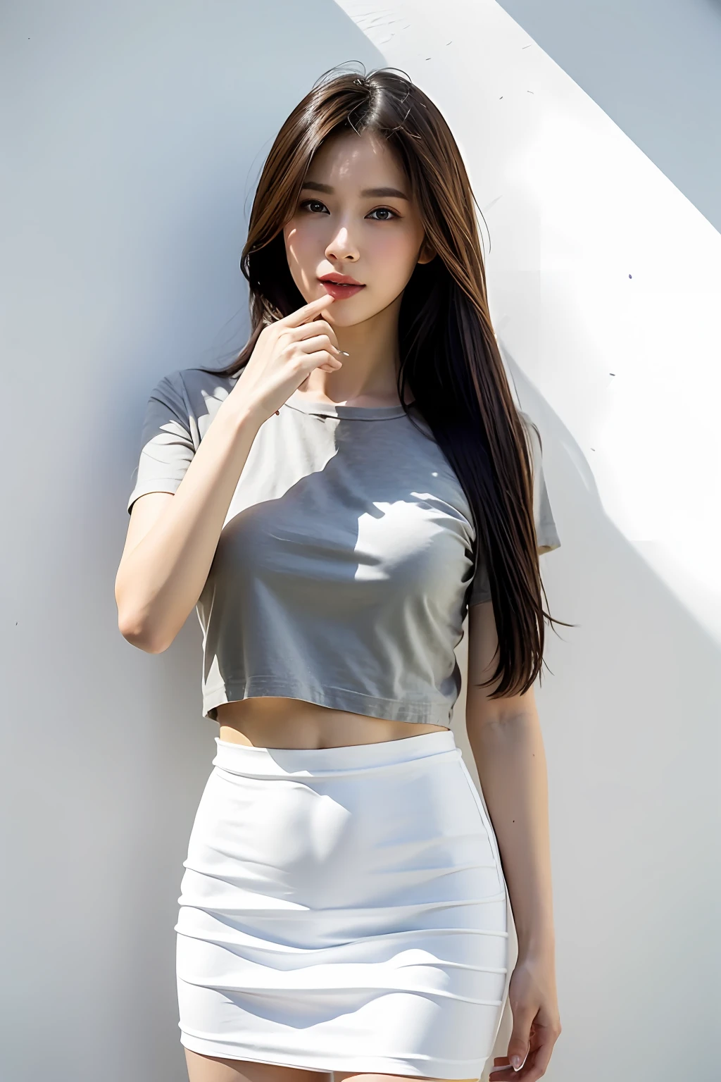 (8k, highest quality, masterpiece: 1.2), (hair_style), (realistic, photorealistic: 1.37), plump eyes, highest quality, masterpiece, ((standing in front of a white wall)), gradient lighting, Japan models, [small breasts], professional lighting, (hair reflecting in the light), shooting from the waist up, angle from behind, shot in a room with light, Fashion style of Japan trends of 2023, realistic, super detailed, 30s, cute, actress, elaborate CG, slender, hairstyle is straight straight hair, delicate skin type, (emphasizes the luster of hair), hands placed at the mouth, short length T-shirt, whitish skirt,