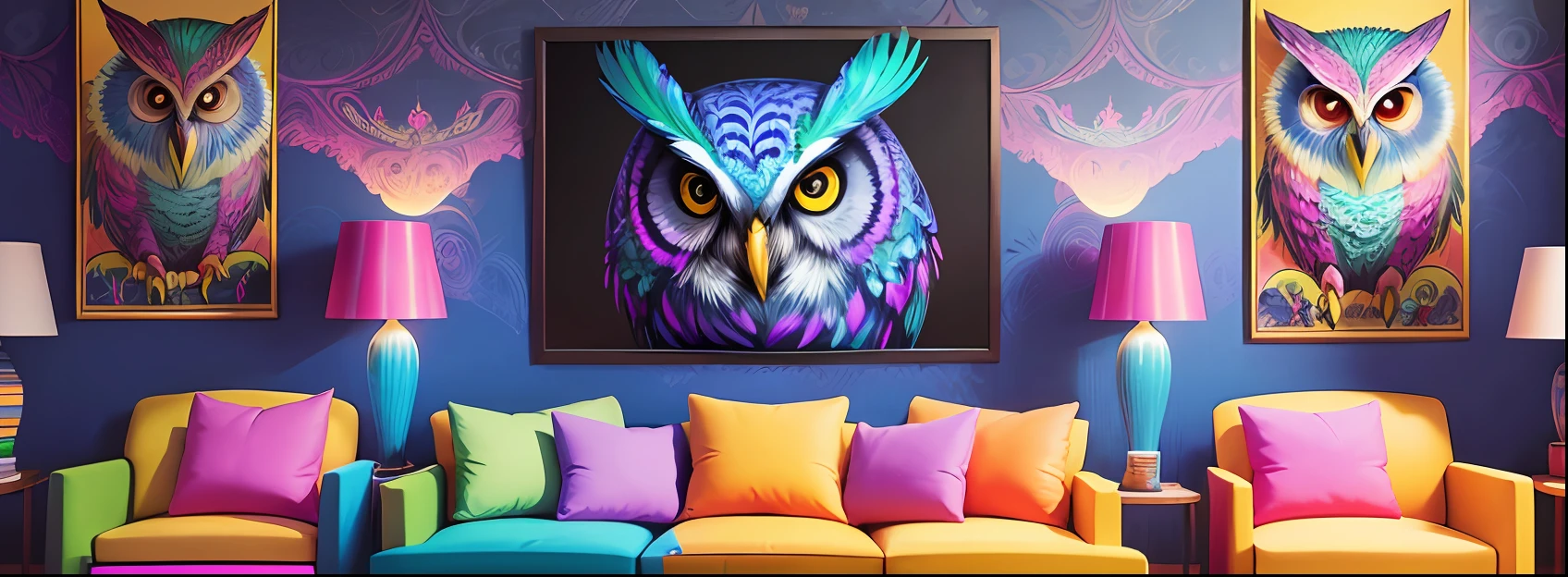 Featuring a captivating and vibrant psychedelic owl painting. The art of the owl is exquisitely designed with vivid colors, intricate patterns and mesmerizing details. The painting is leaning against the back of the room, creating a dynamic and casual display. The combination of the psychedelic art of the owl adds a touch of artistic fascination to any space. --auto --s2