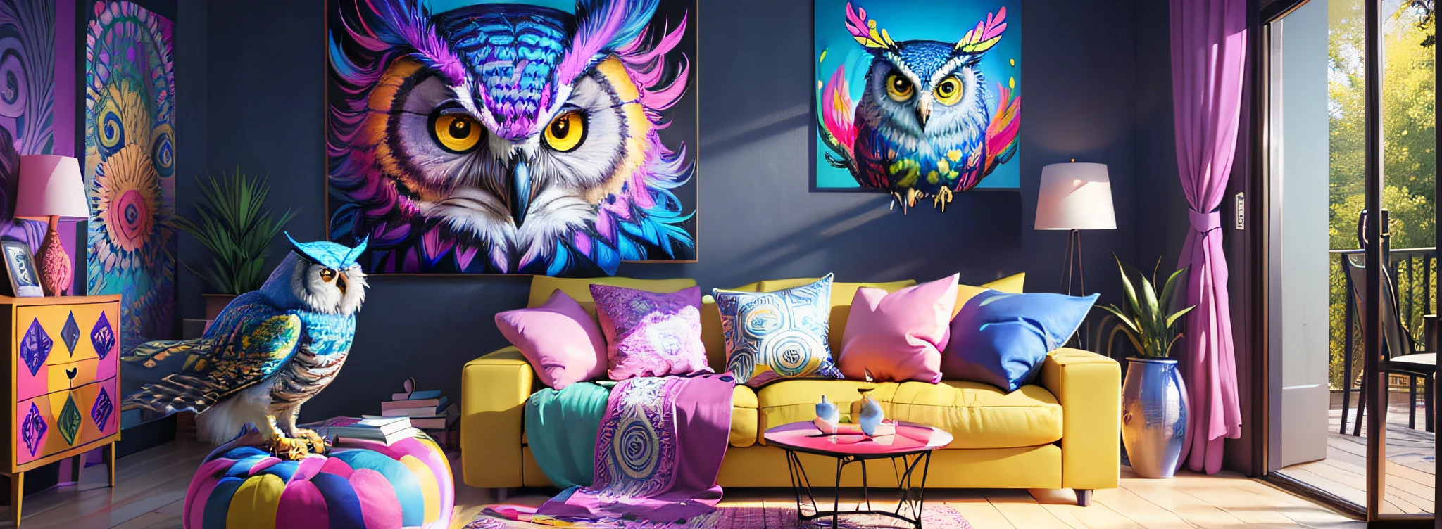 Featuring a captivating and vibrant psychedelic owl painting. The art of the owl is exquisitely designed with vivid colors, intricate patterns and mesmerizing details. The painting is leaning against the back of the room, creating a dynamic and casual display. The combination of the psychedelic art of the owl adds a touch of artistic fascination to any space. --auto --s2