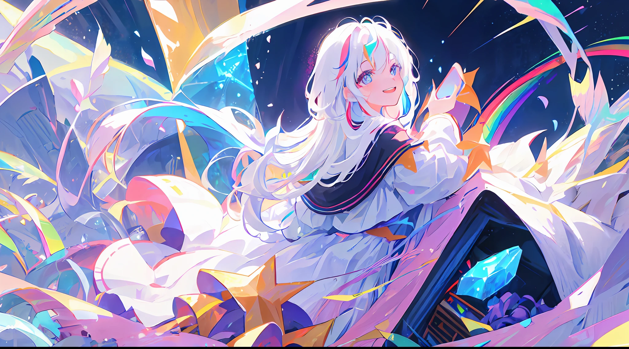 Girl, angle from the side, white hair (rainbow hair tips), face up, hair fluttering back, smile, happiness, white dress, iridescent eyes, crystal clear beautiful woman, transparent god, universe