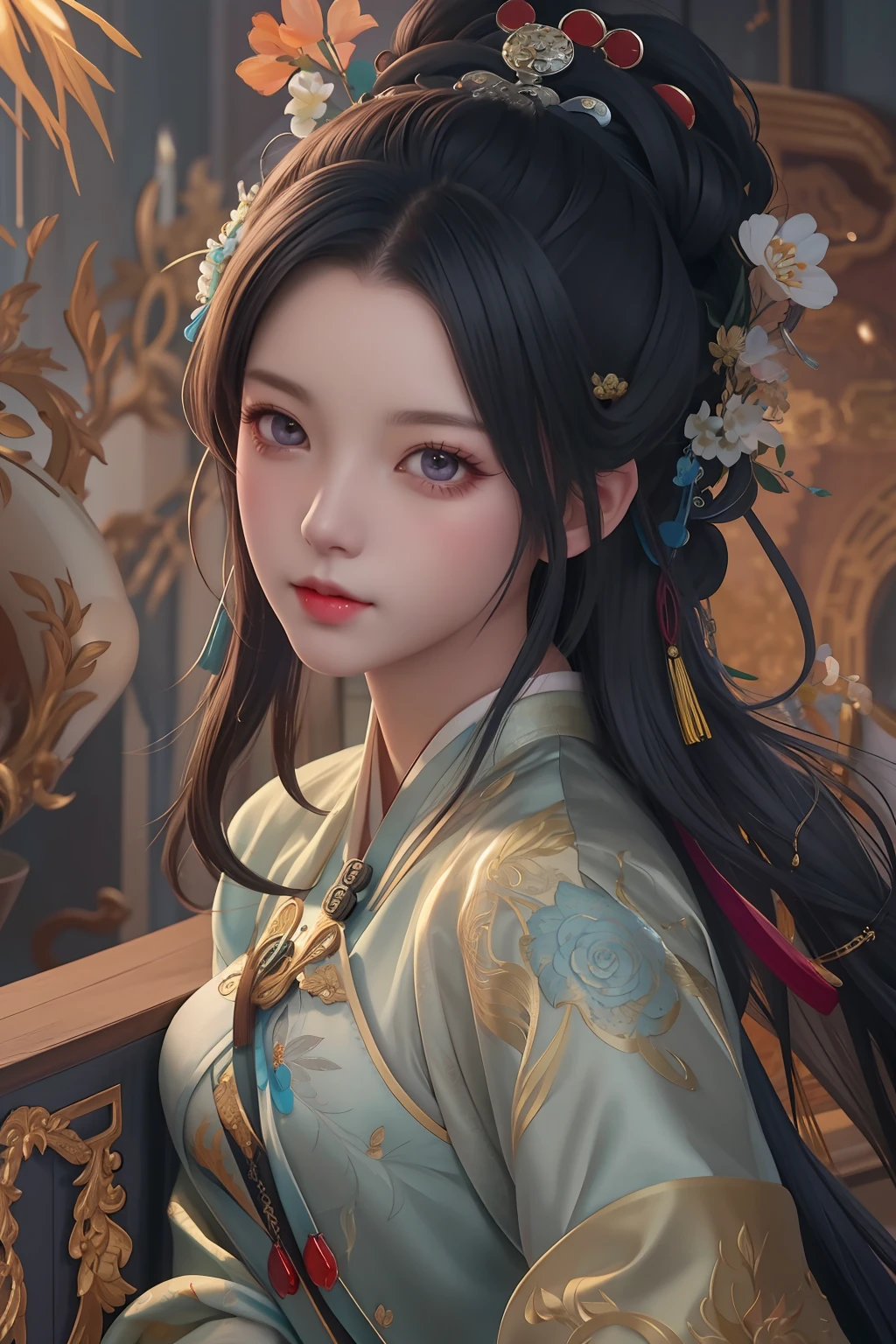 a close up of a woman with a camera in a room, artwork in the style of guweiz, guweiz, beautiful character painting, palace , a girl in hanfu, 8k high quality detailed art, by Yang J, guweiz masterpiece, by Li Song, beautiful digital artwork, fanart best artstation, guweiz on pixiv artstation