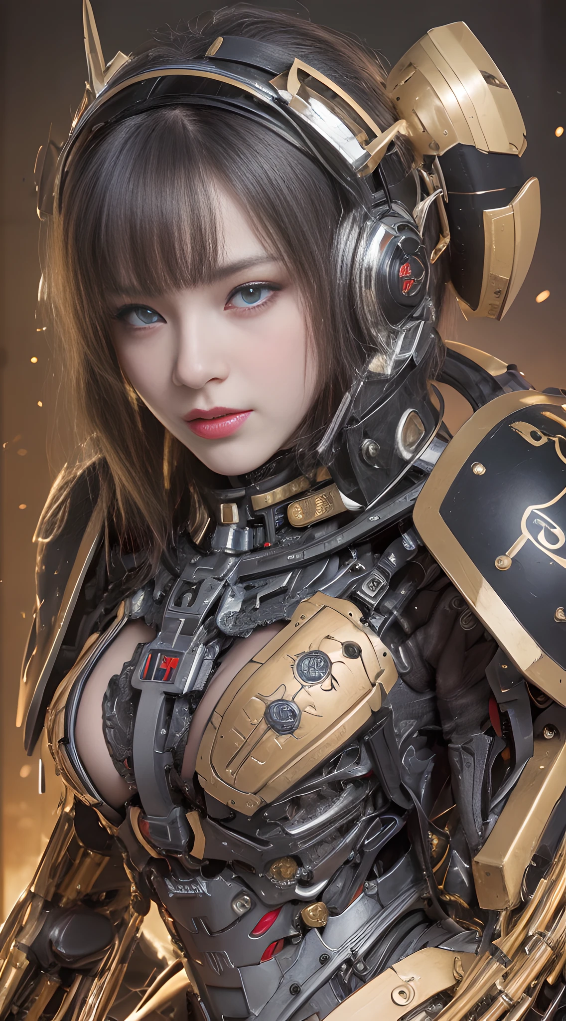 Top Quality, Masterpiece, Ultra High Resolution, (Photorealistic: 1.4), Raw Photo, 1 Girl, Black Hair, Glossy Skin, 1 Mechanical Girl, (Ultra Realistic Detail)), Portrait, Global Illumination, Shadows, Octane Rendering, 8K, Ultra Sharp, Big, Cleavage Exposed Raw Skin, Metal, Intricate Ornament Details, Japan Details, Very intricate details, realistic light, CGSoation trend, purple eyes, glowing eyes, facing the camera, neon details, mechanical limbs, blood vessels connected to the tube, mechanical vertebrae attached to the back, mechanical cervical attachment to the neck, sitting, wires and cables connecting to the head, gundam, small LED lamps,