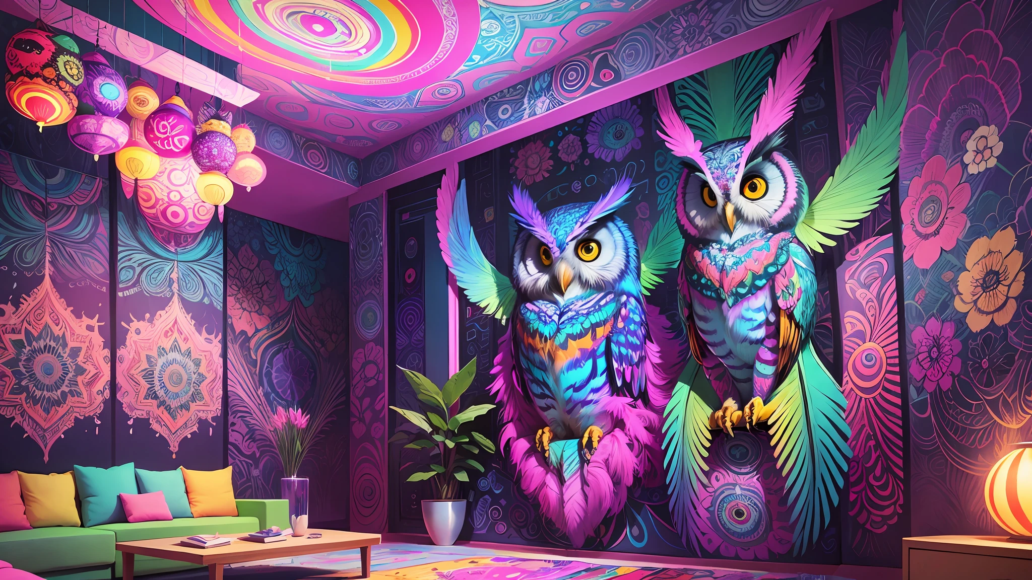 Featuring a captivating and vibrant psychedelic owl painting. The art of the owl is exquisitely designed with vivid colors, intricate patterns and mesmerizing details. The painting is leaning against the back of the room, creating a dynamic and casual display. The combination of the psychedelic art of the owl adds a touch of artistic fascination to any space. --auto --s2