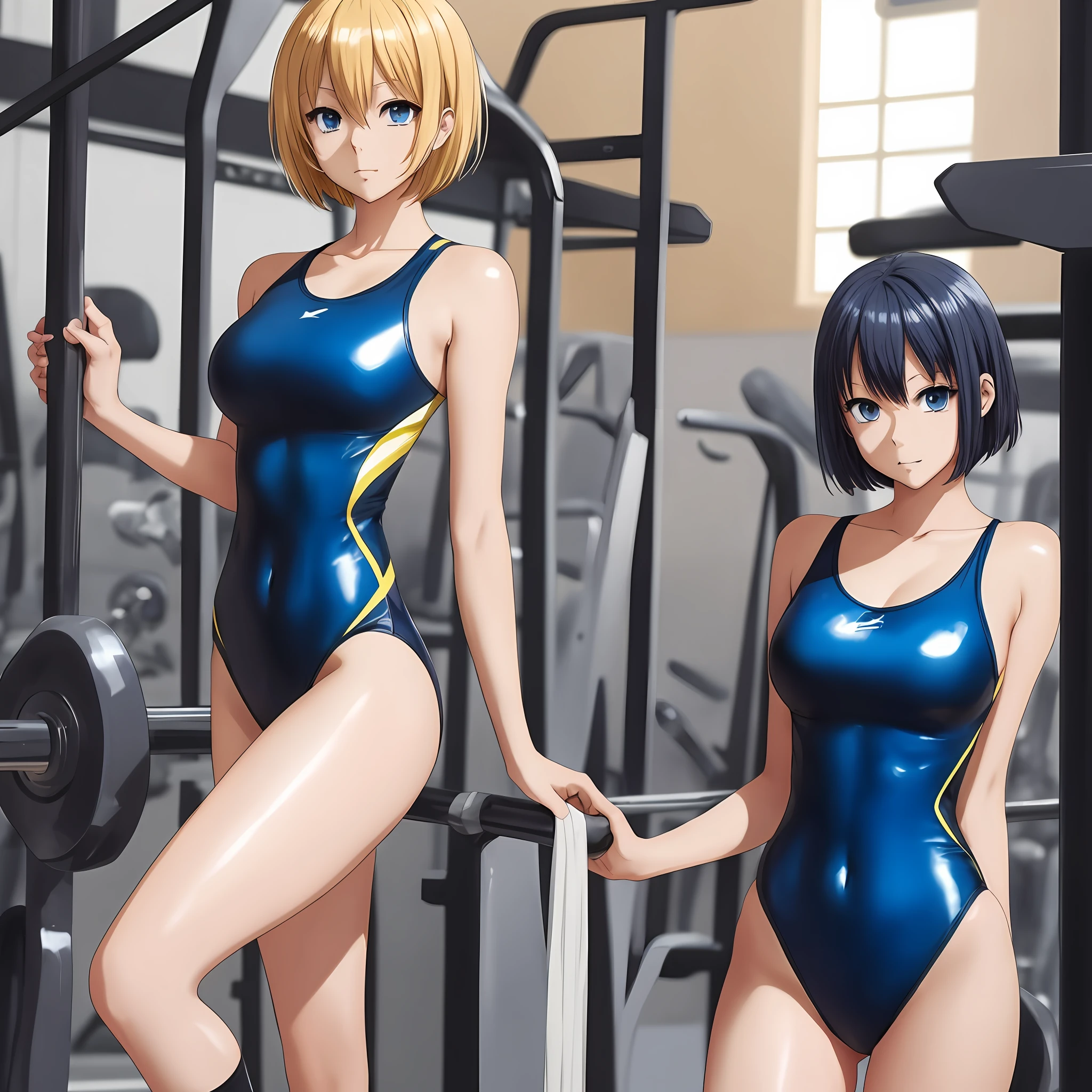 anime girl wearing leotards in gymnasium, beautiful anime girls, ecchi anime style, latex leotards, gymnasium, gymnasium, anime girls, leotards, lighted gymnasium, gymnasium, wearing leotards, high quality anime art style, high resolution committee, digital anime art!, Clothing: leotard, big, with big breasts, short hair, blonde, blue costume, 2d anime style, solo, --auto