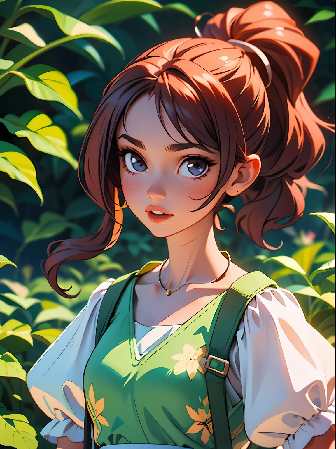 (masterpiece, best quality), African girl, 1girl, collarbone, wavy hair, looking at viewer, blurry, upper body, necklace, suspenders, floral print, ponytail, sunlight, --auto