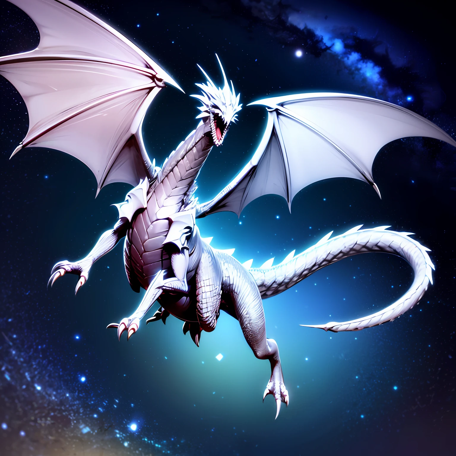 Sky dragon, dragon, green-eyed white dragon, flying in the night sky, dragging a long tail, with a pair of wings, best quality, super detailed, 8k