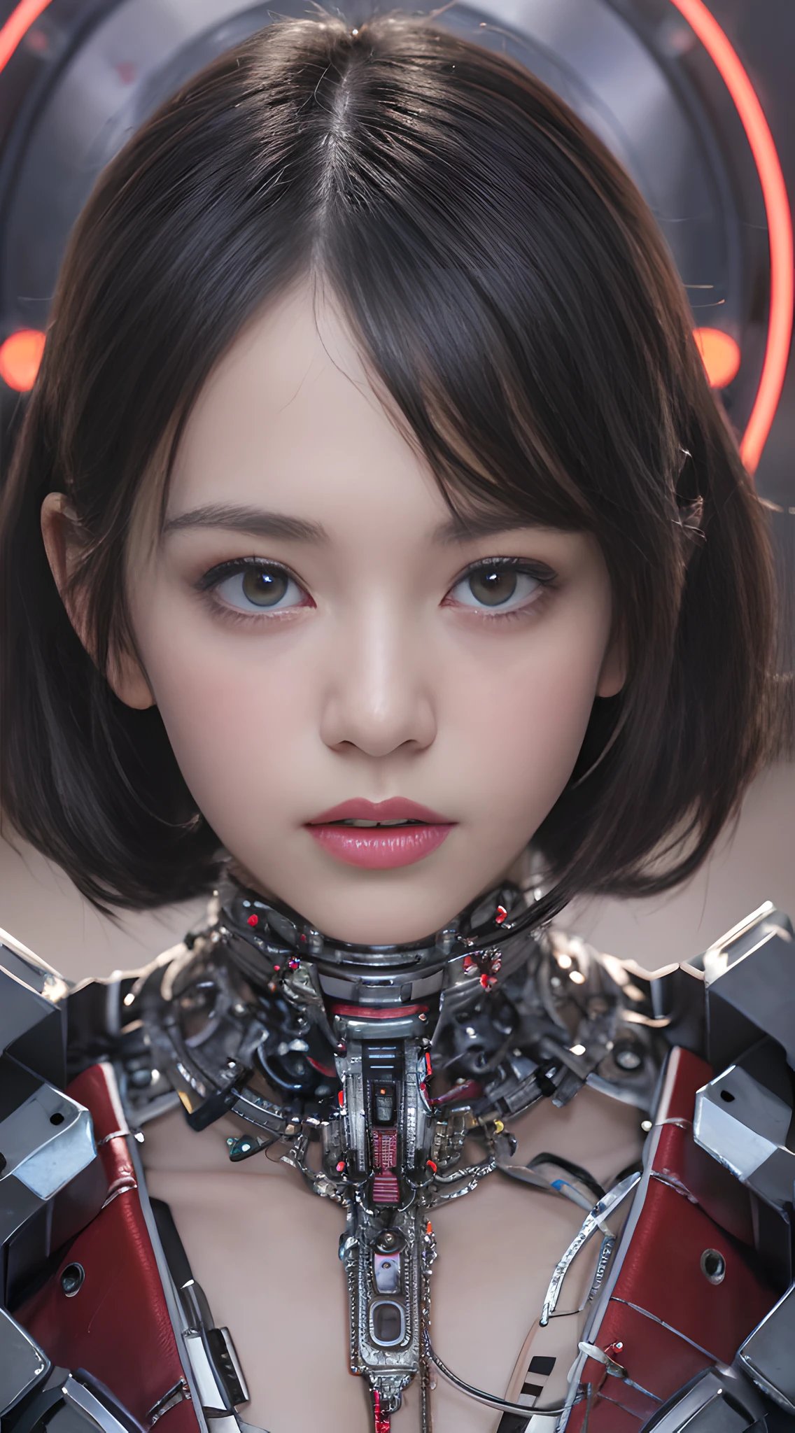 Top Quality, Masterpiece, Ultra High Resolution, (Photorealistic: 1.4), Raw Photo, 1 Girl, Black Hair, Glossy Skin, 1 Mechanical Girl, (Ultra Realistic Detail)), Portrait, Global Illumination, Shadows, Octane Rendering, 8K, Ultra Sharp, Big, Cleavage Exposed Raw Skin, Metal, Intricate Ornament Details, Japan Details, Very intricate details, realistic light, CGSoation trend, purple eyes, glowing eyes, facing the camera, neon details, mechanical limbs, blood vessels connected to the tube, mechanical vertebrae attached to the back, mechanical cervical attachment to the neck, sitting, wires and cables connecting to the head, gundam, small LED lamps,