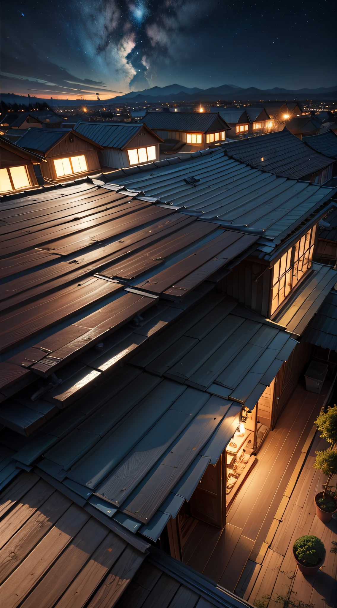 On the roof, there is sky, night sky, tiles, wooden panels, Miyazaki style, no one --auto