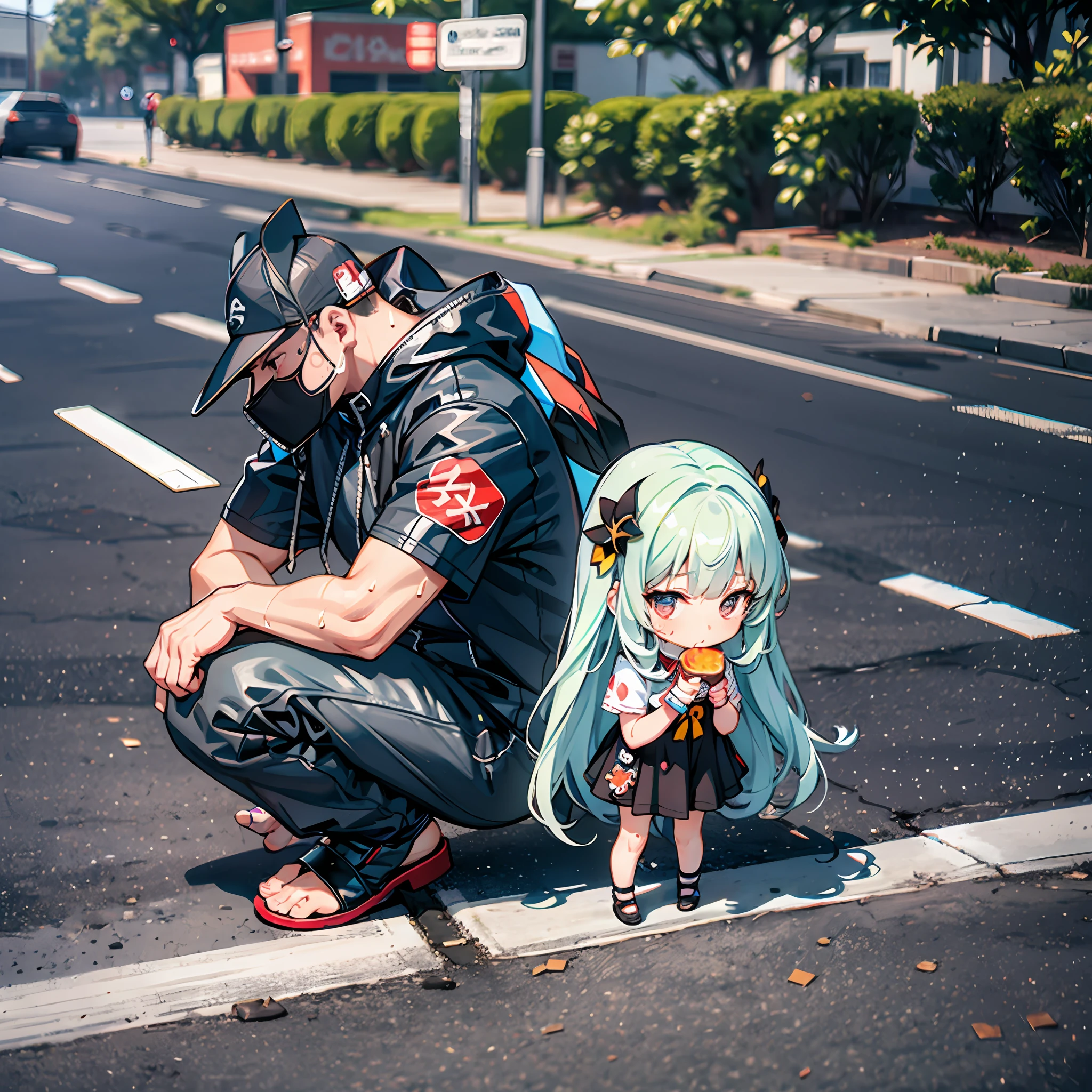 ((Chibi character)), Sticker, Intense heat, Asphalt baking, Kongari, Good grilling, Asphalt, Sweaty, Sweaty lot, Intense heat, Midsummer, Under the scorching sun, Girl, Lolita, Lady pose, Full body, Deformed, Chibi character