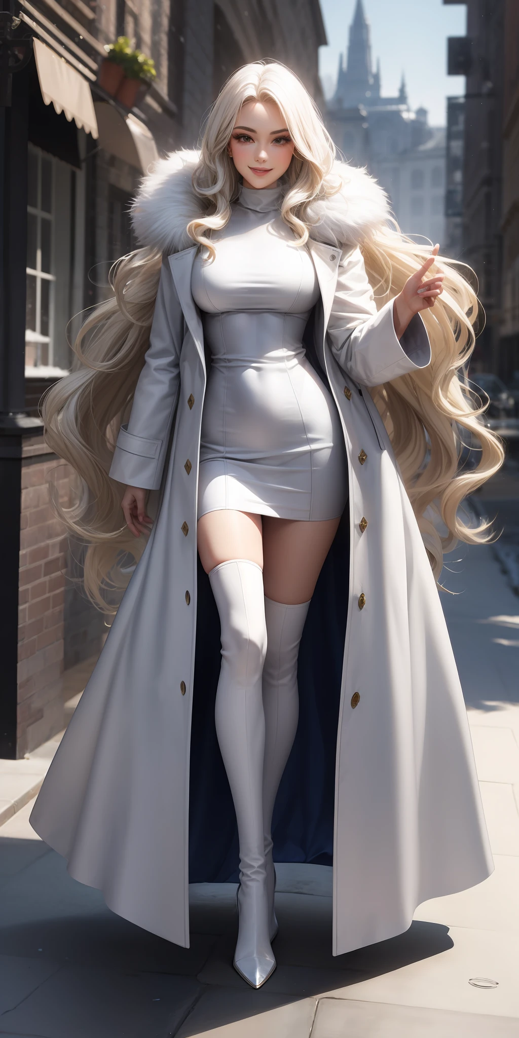 platinum blonde, wavy hair, very long hair, long lashes, smile, beauty, full body, white winter overcoat luxury fur long sleeve