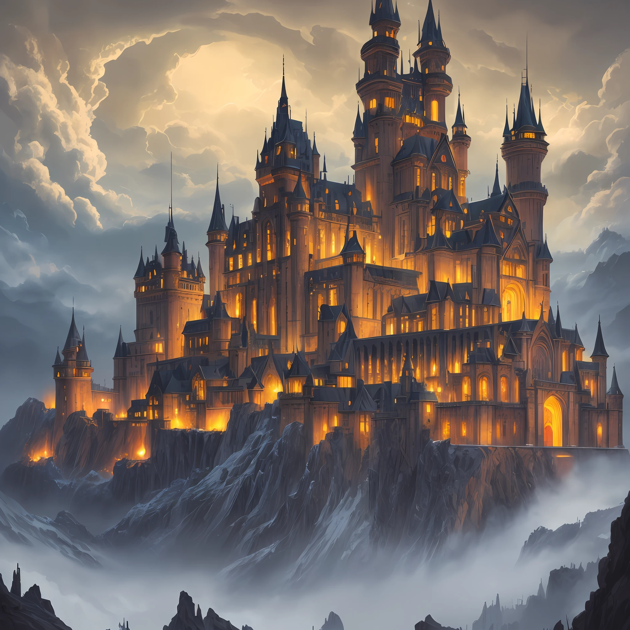 a close up of a castle with a lot of windows in it, detailed fantasy art, fantasy architecture, detailed fantasy digital art, highly detailed fantasy art, high fantasy castle, detailed matte fantasy painting, detailed fantasy illustration, detailed digital 2d fantasy art, medieval fantasy art, epic castle with tall spires, 4k fantasy art, symmetrical epic fantasy art, high fantasy illustration